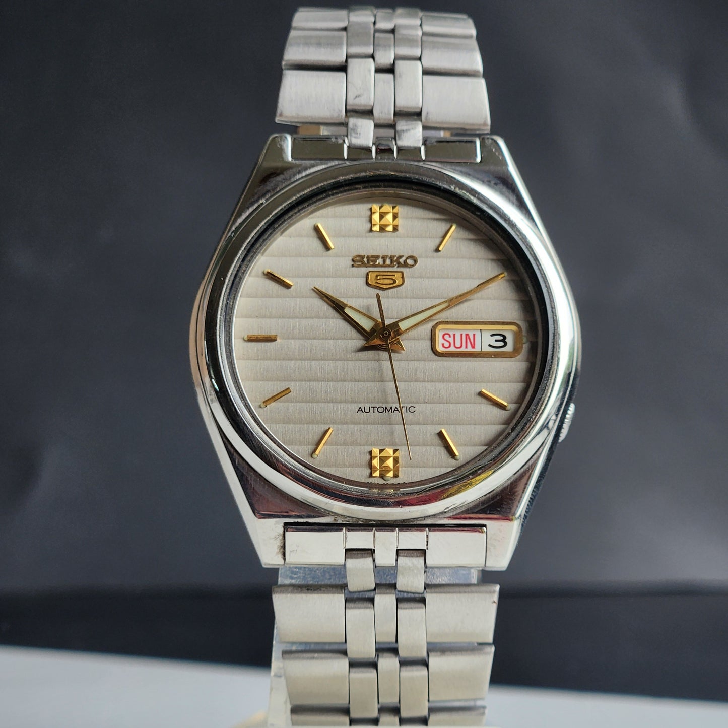 Vintage 1996 Original Seiko 5 Automatic 7S26-3040 Grey Face 21 Jewels Day-Date Japanese Men's Wrist Watch ET66