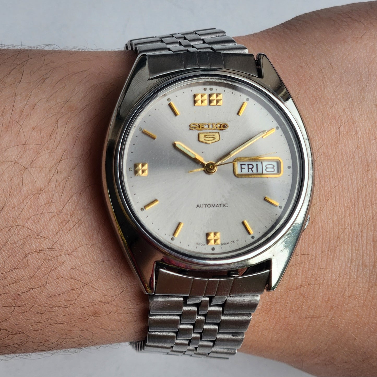 Vintage 1954 Original Seiko 5 Automatic 6309-8840 Silver Face 17 Jewels Day-Date Japanese Men's Wrist Watch ET68