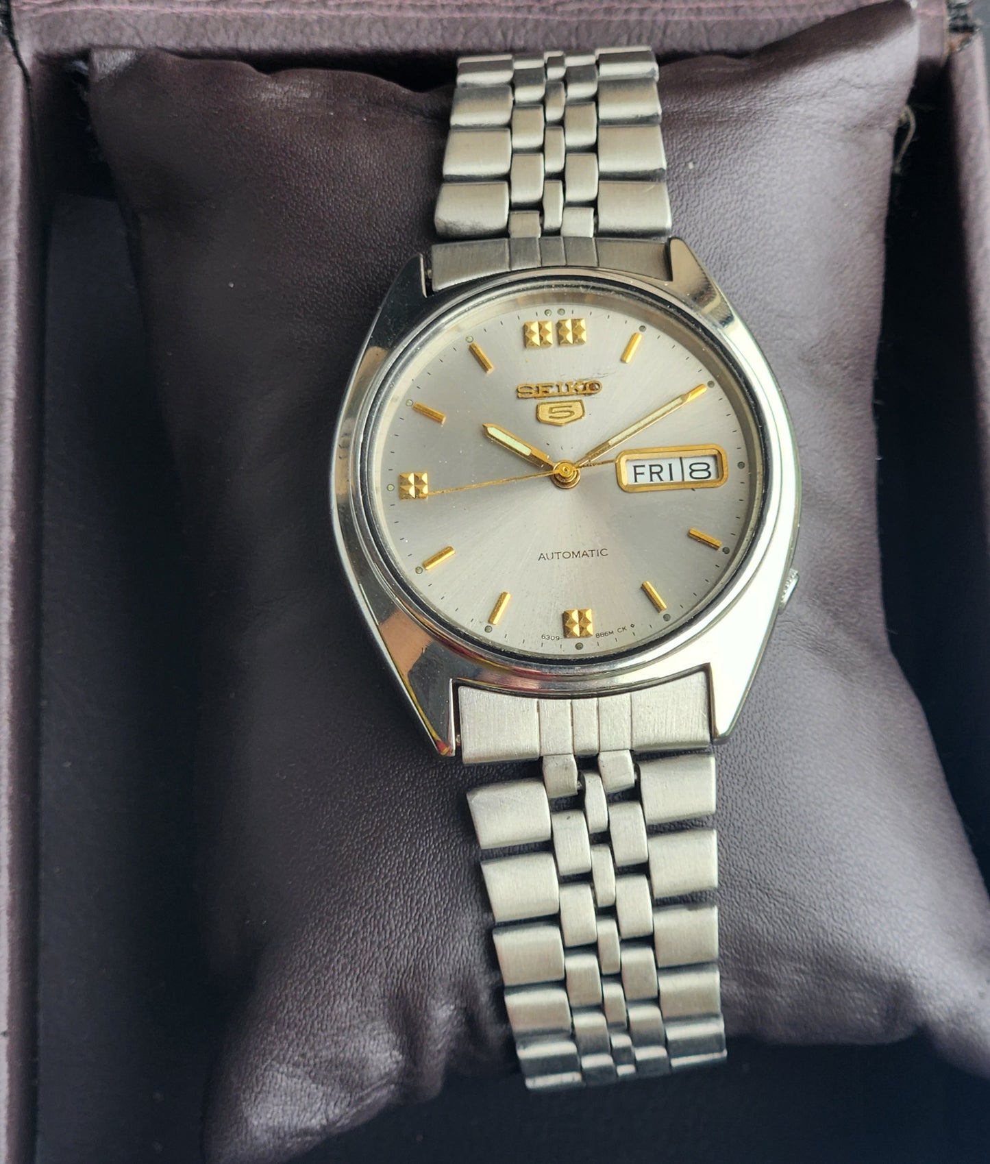 Vintage 1954 Original Seiko 5 Automatic 6309-8840 Silver Face 17 Jewels Day-Date Japanese Men's Wrist Watch ET68