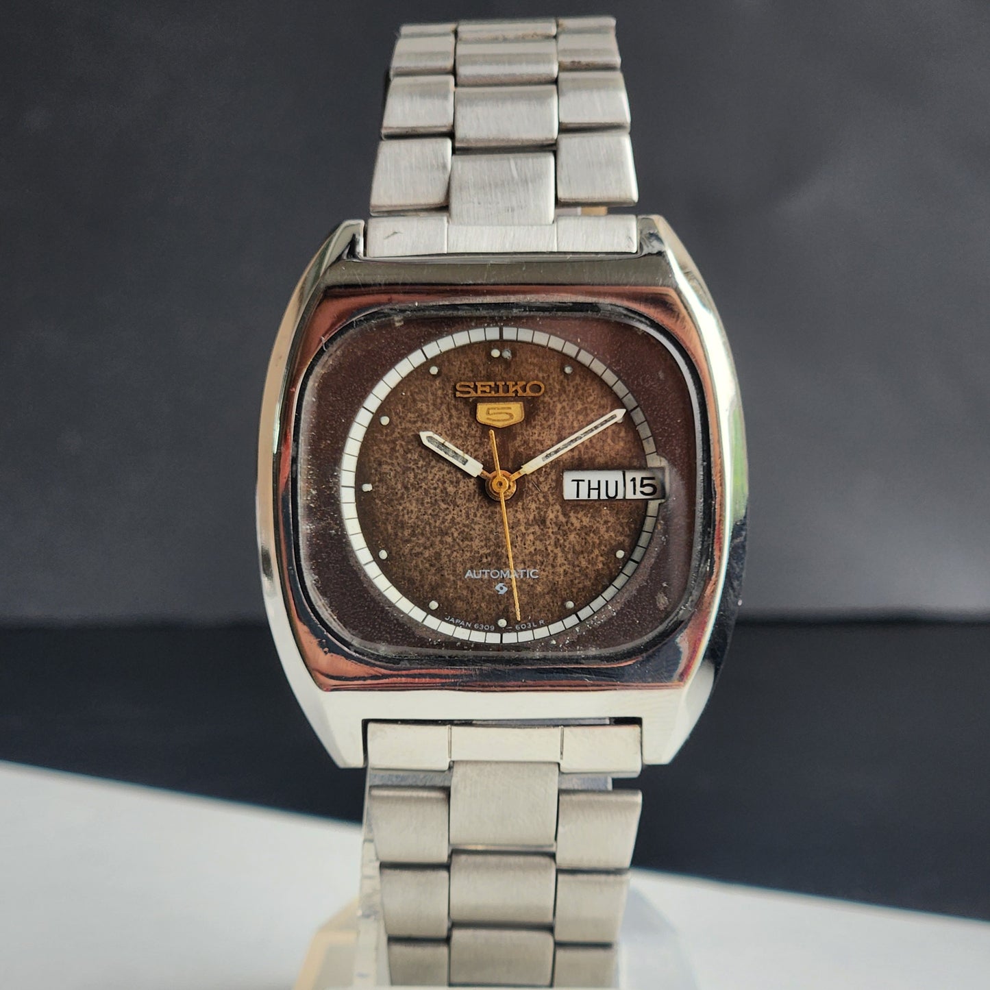 Vintage 1981 Original Seiko 5 Automatic 6309-6030 Brown Face 17 Jewels Day-Date Japanese Men's Wrist Watch ET73