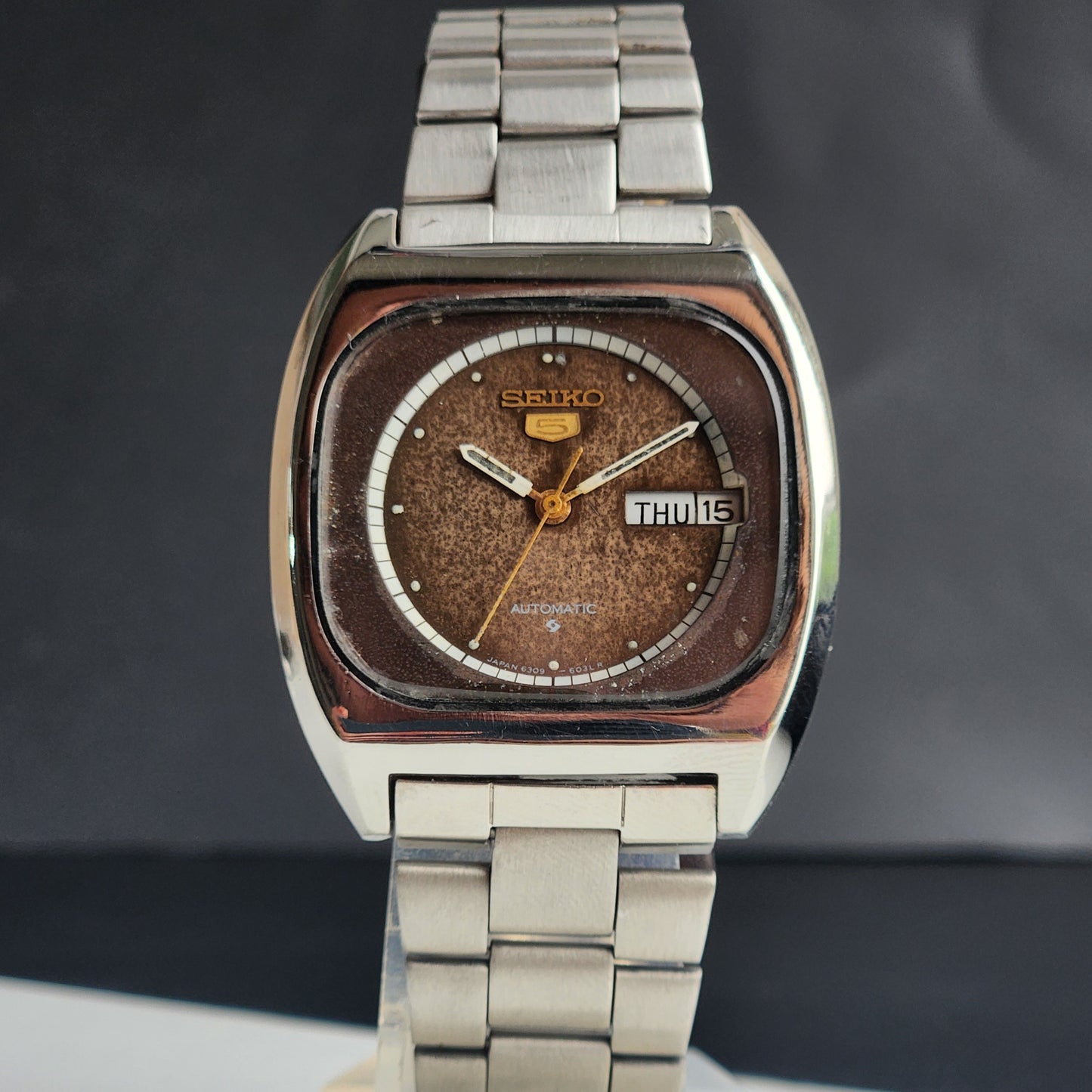 Vintage 1981 Original Seiko 5 Automatic 6309-6030 Brown Face 17 Jewels Day-Date Japanese Men's Wrist Watch ET73