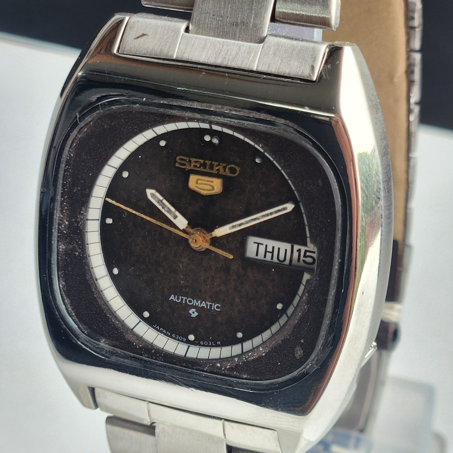 Vintage 1981 Original Seiko 5 Automatic 6309-6030 Brown Face 17 Jewels Day-Date Japanese Men's Wrist Watch ET73