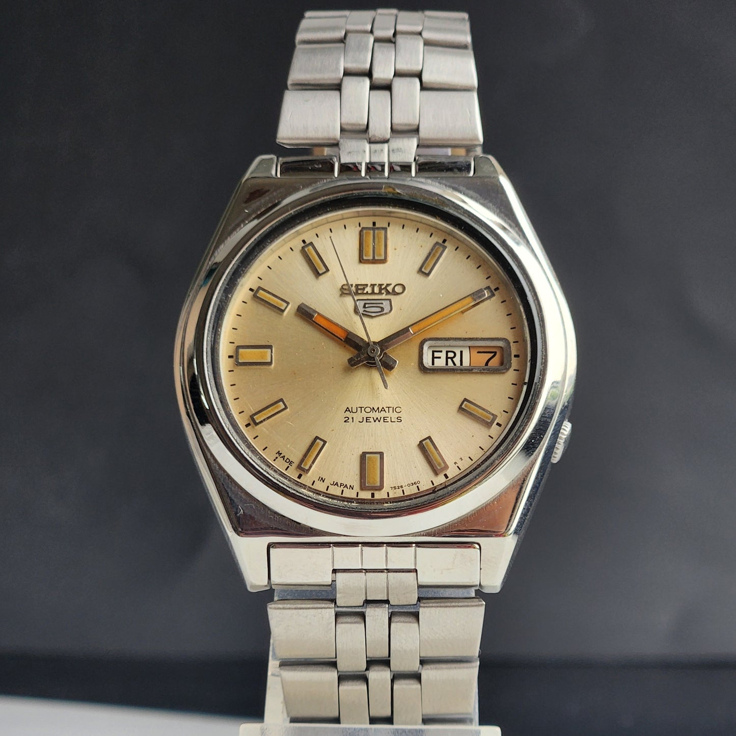 Vintage 1998 Original Seiko 5 Automatic 7S26-3160 Golden Face 21 Jewels Day-Date Japanese Men's Wrist Watch ET80
