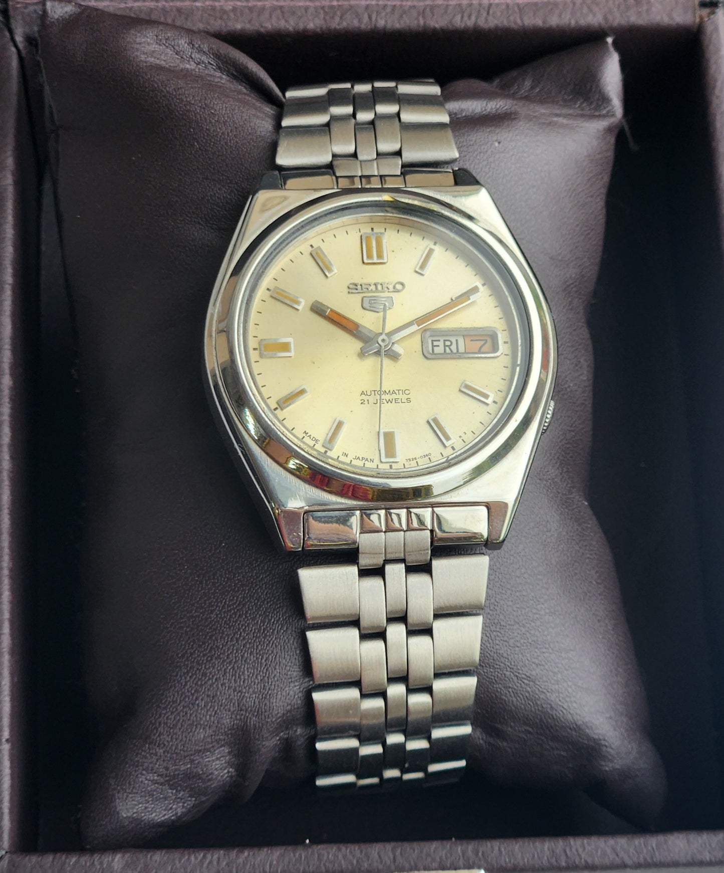 Vintage 1998 Original Seiko 5 Automatic 7S26-3160 Golden Face 21 Jewels Day-Date Japanese Men's Wrist Watch ET80