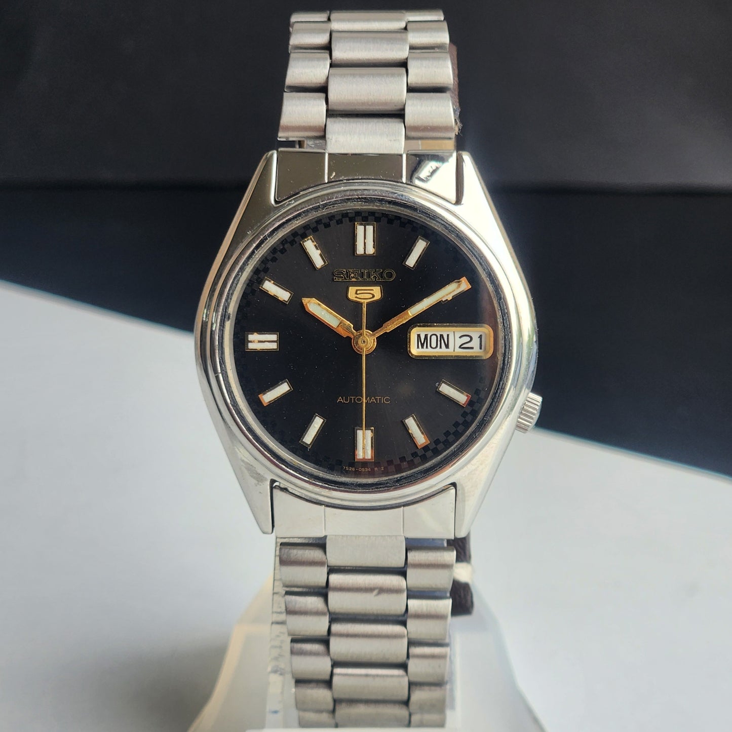 Vintage 1997 Original Seiko 5 Automatic 7S26-6000 Black Face 21 Jewels Day-Date Japanese Men's Wrist Watch ET85