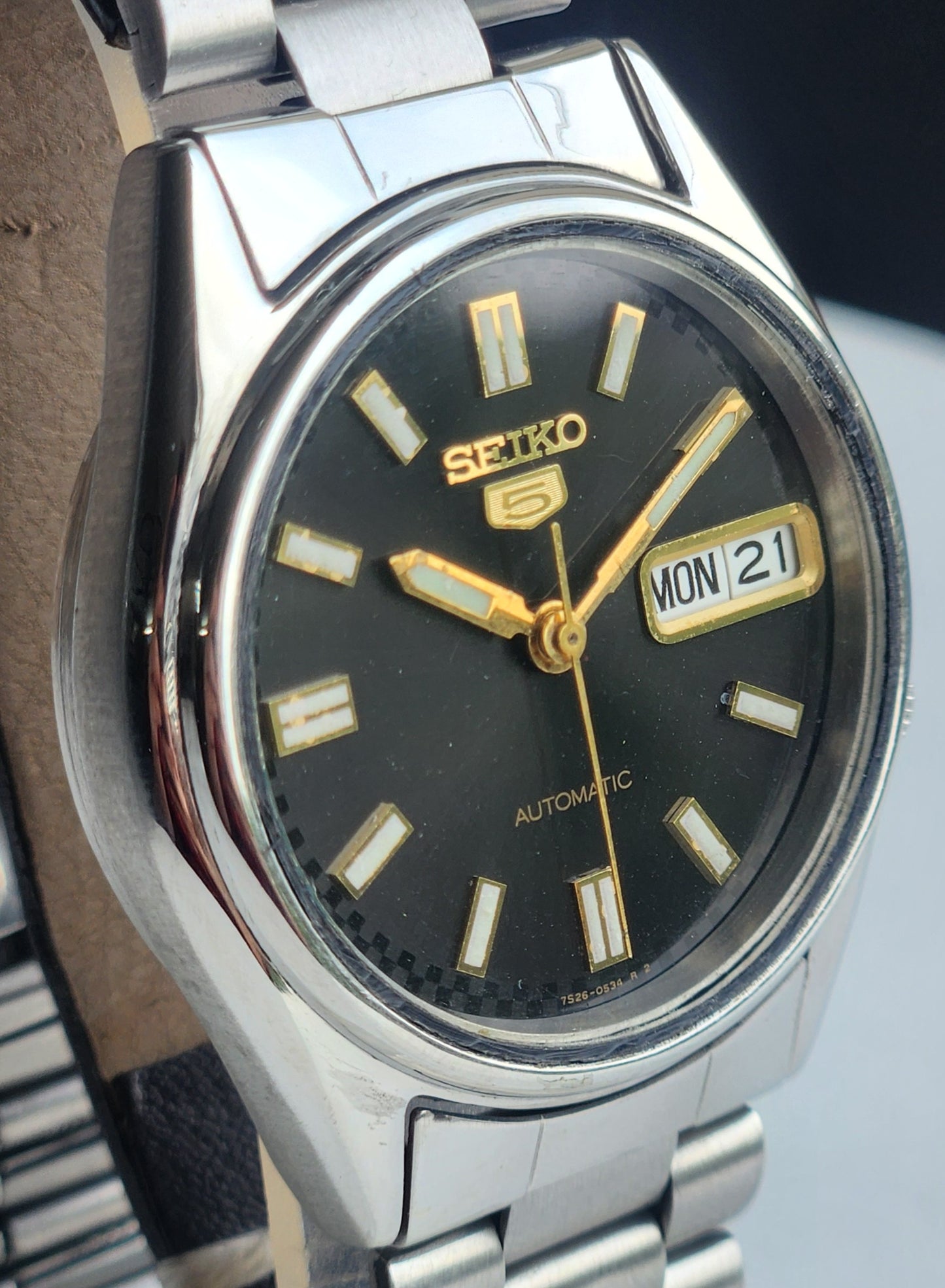 Vintage 1997 Original Seiko 5 Automatic 7S26-6000 Black Face 21 Jewels Day-Date Japanese Men's Wrist Watch ET85