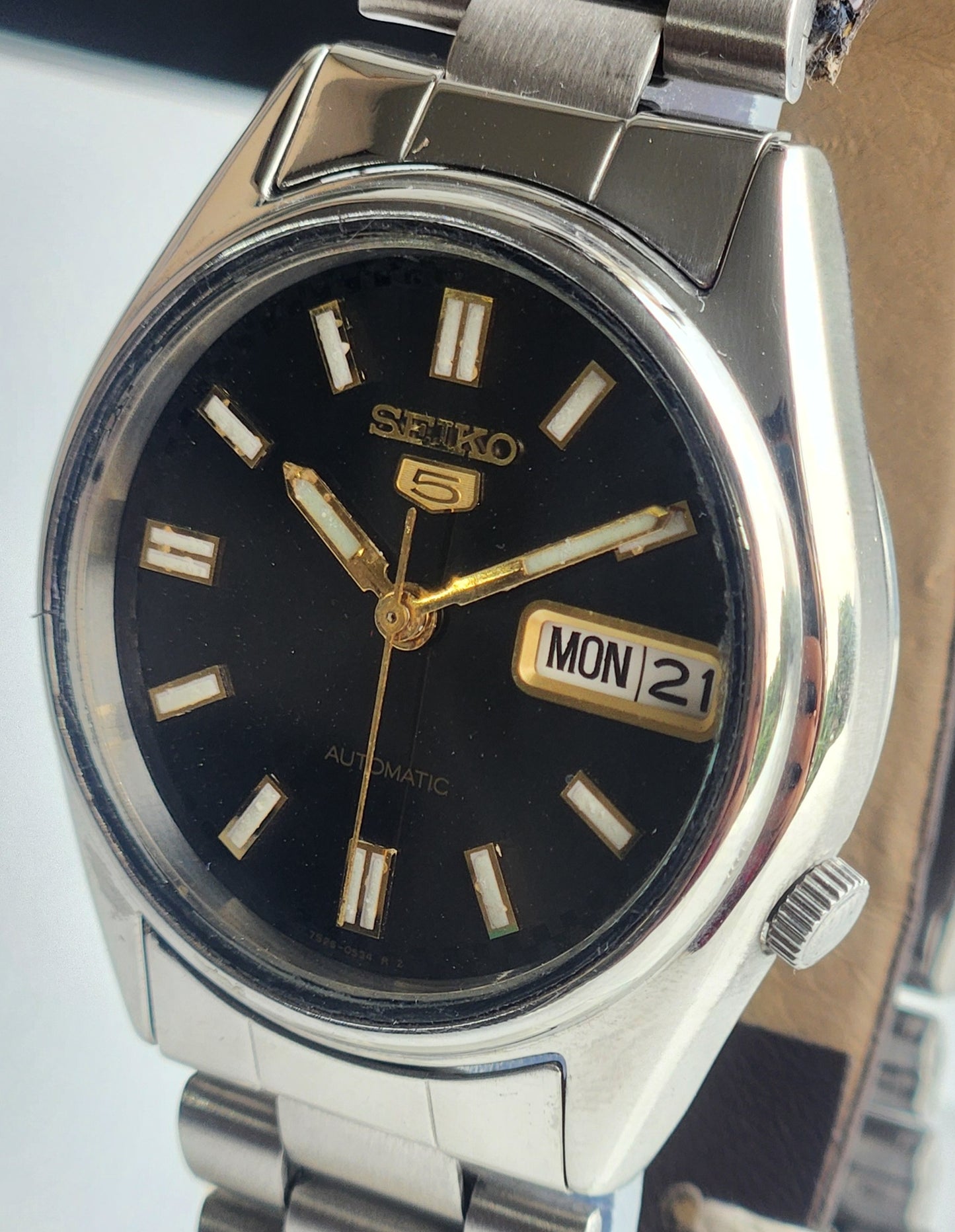 Vintage 1997 Original Seiko 5 Automatic 7S26-6000 Black Face 21 Jewels Day-Date Japanese Men's Wrist Watch ET85