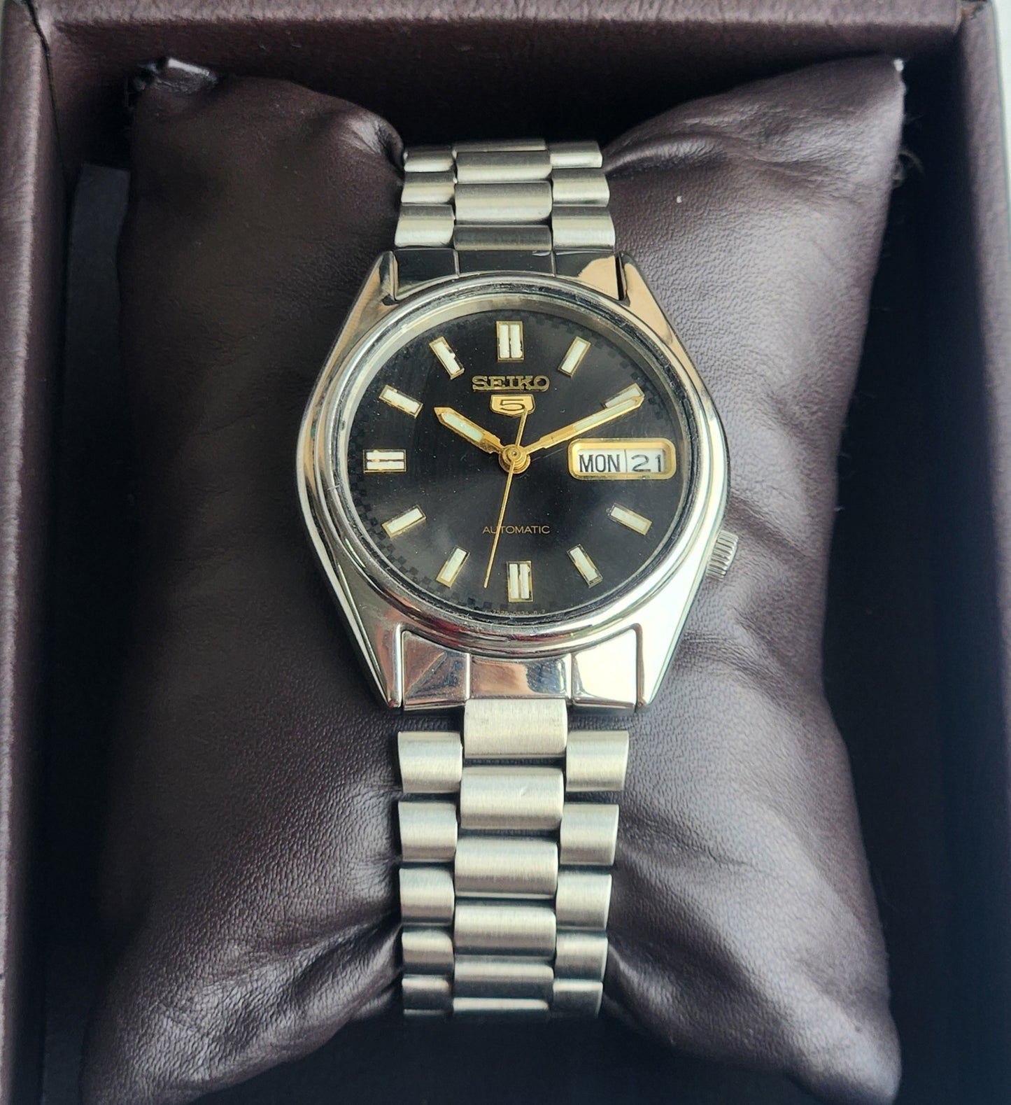 Vintage 1997 Original Seiko 5 Automatic 7S26-6000 Black Face 21 Jewels Day-Date Japanese Men's Wrist Watch ET85