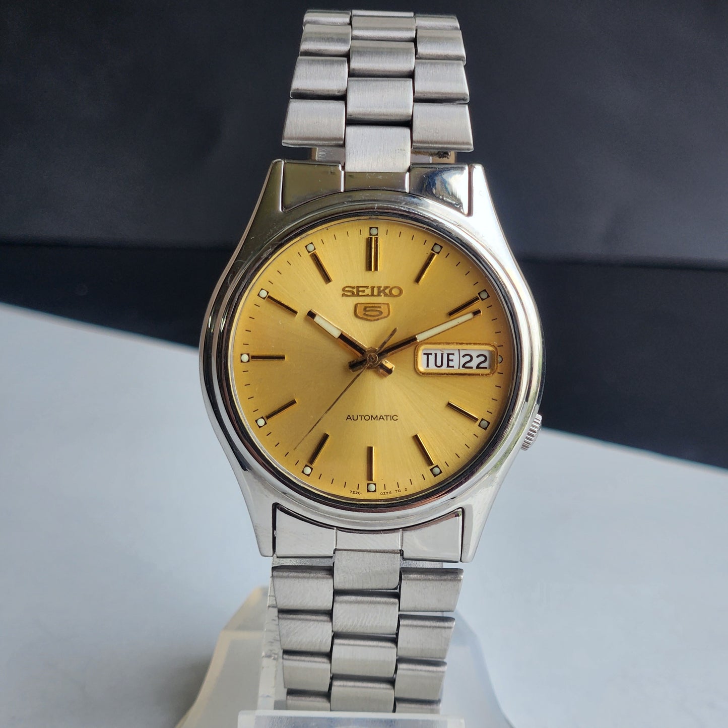 Vintage 1998 Original Seiko 5 Automatic 7S26-3040 Golden Face 21 Jewels Day-Date Japanese Men's Wrist Watch ET98