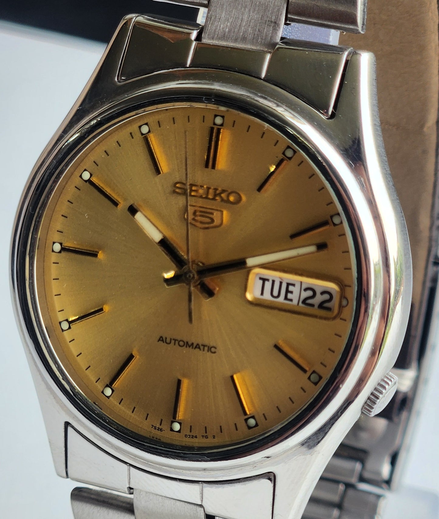 Vintage 1998 Original Seiko 5 Automatic 7S26-3040 Golden Face 21 Jewels Day-Date Japanese Men's Wrist Watch ET98