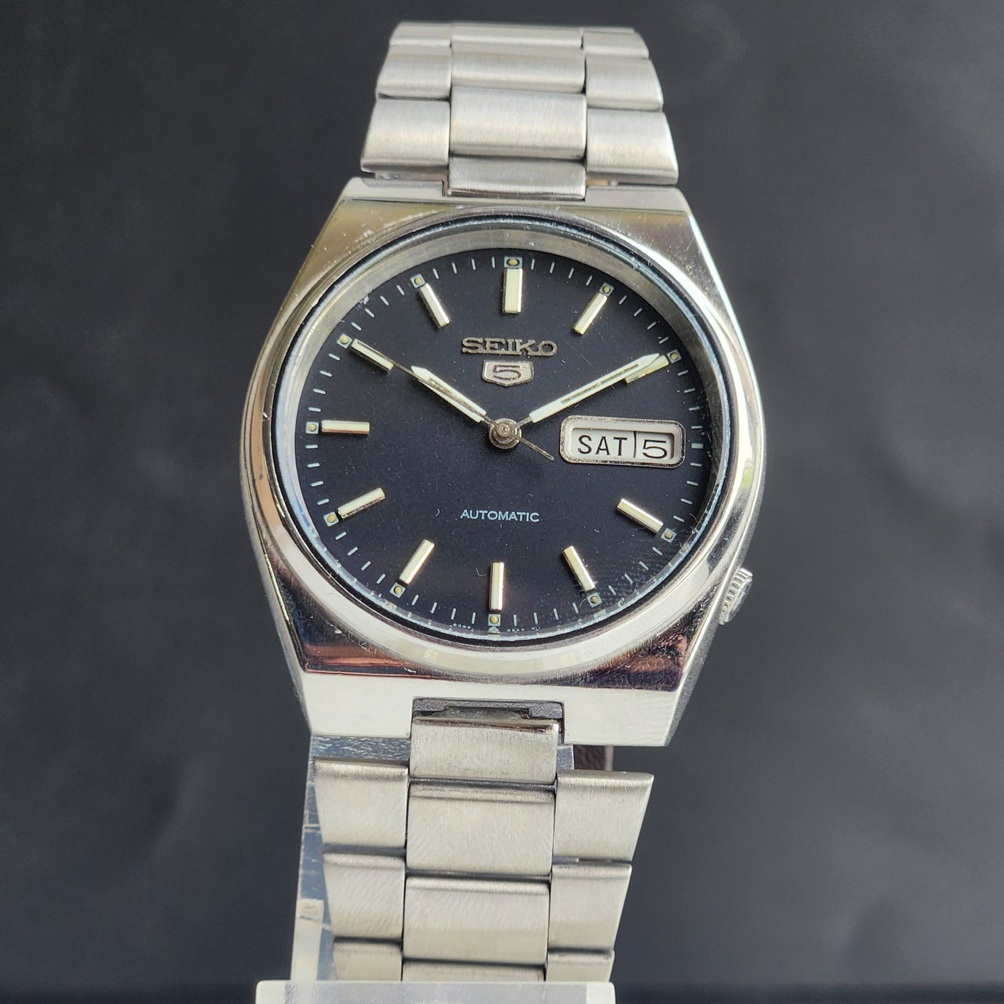 Vintage 1977 Original Seiko 5 Automatic 6309-8360 Black Face 17 Jewels Day-Date Japanese Men's Wrist Watch ET100
