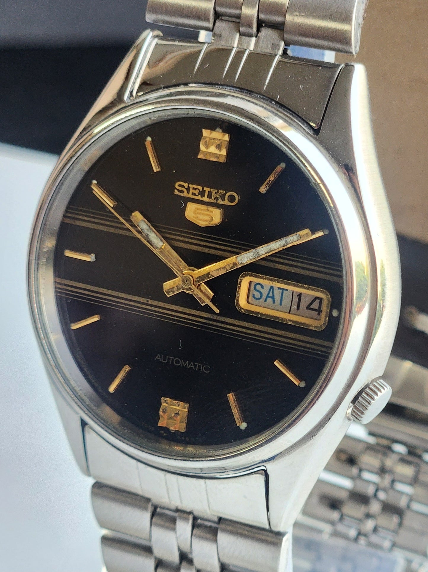 Vintage 1985 Original Seiko 5 Automatic 7009-3061 Black Face 21 Jewels Day-Date Japanese Men's Wrist Watch ET110