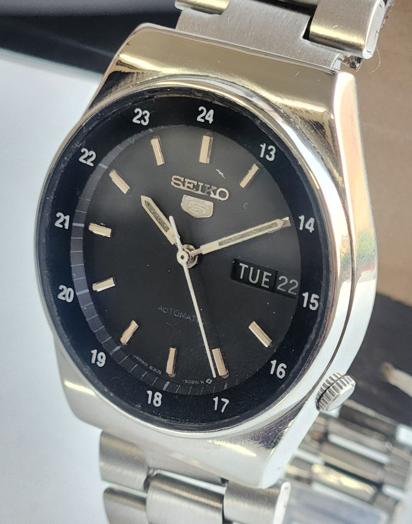 Vintage 1980 Original Seiko 5 Automatic 6309-6020 Black Face 17 Jewels Day-Date Japanese Men's Wrist Watch ET118
