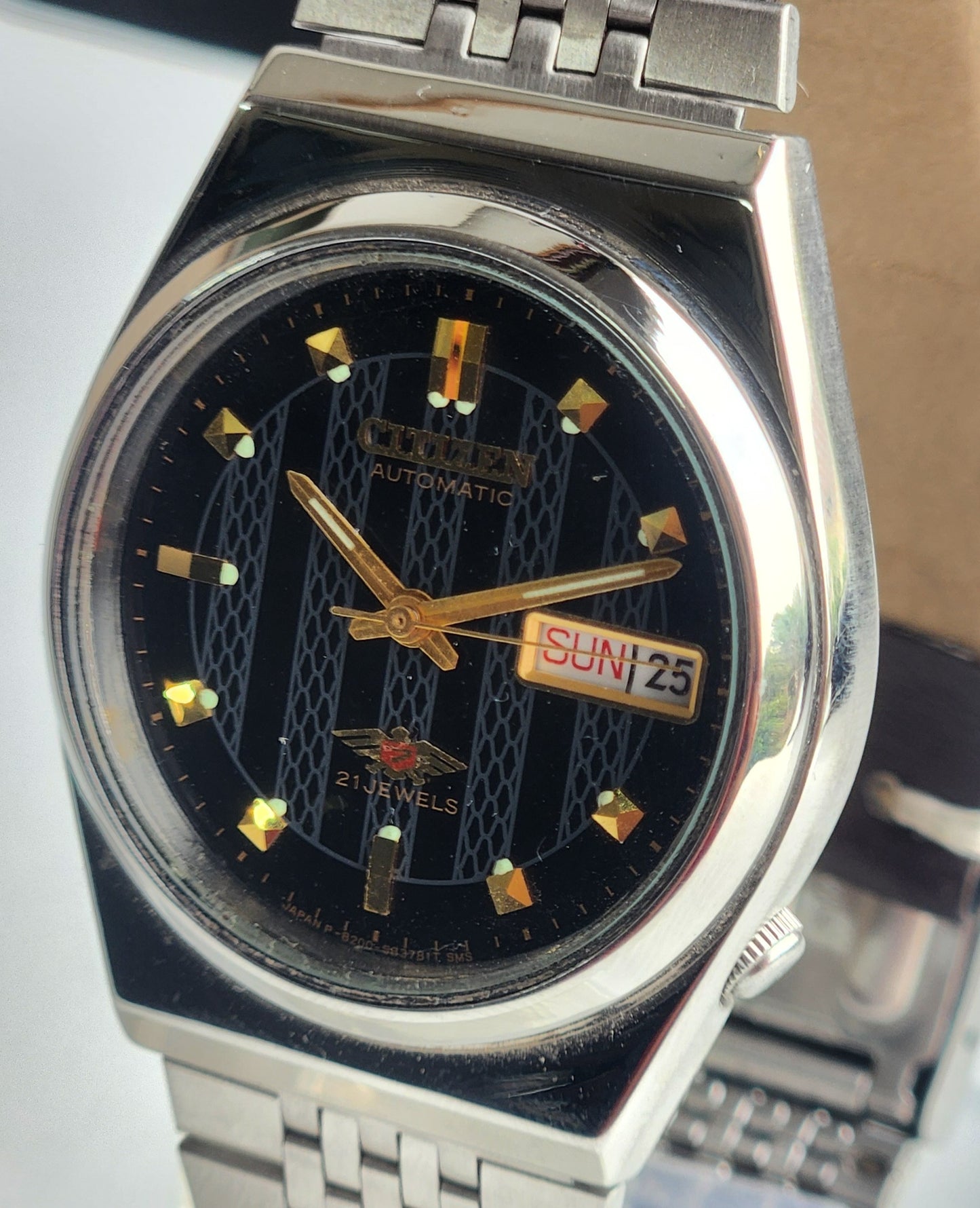 Vintage 1980 Original Citizen Automatic 8200 Black Face 21 Jewels Day-Date Japanese Men's Wrist Watch EG164