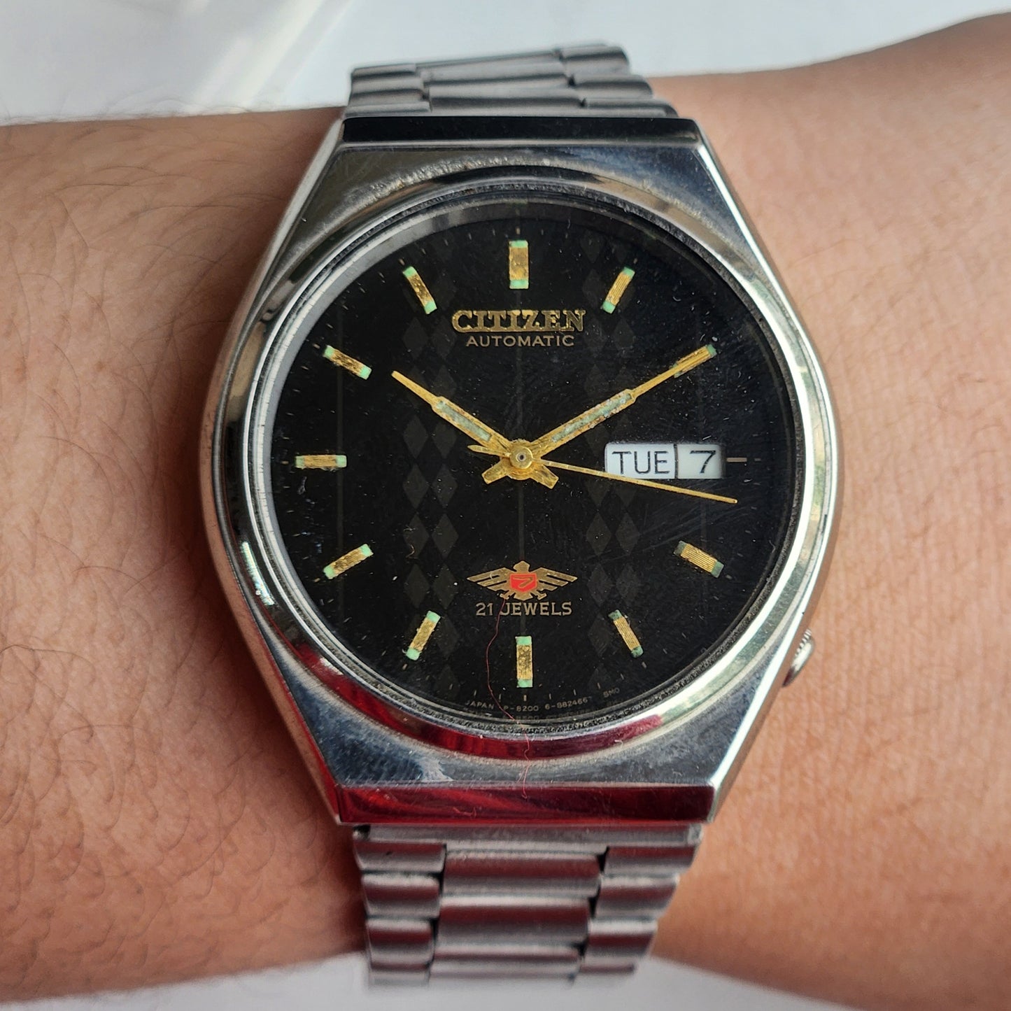 Vintage 1974 Original Citizen Automatic 8200 Black Face 21 Jewels Day-Date Japanese Men's Wrist Watch EG174