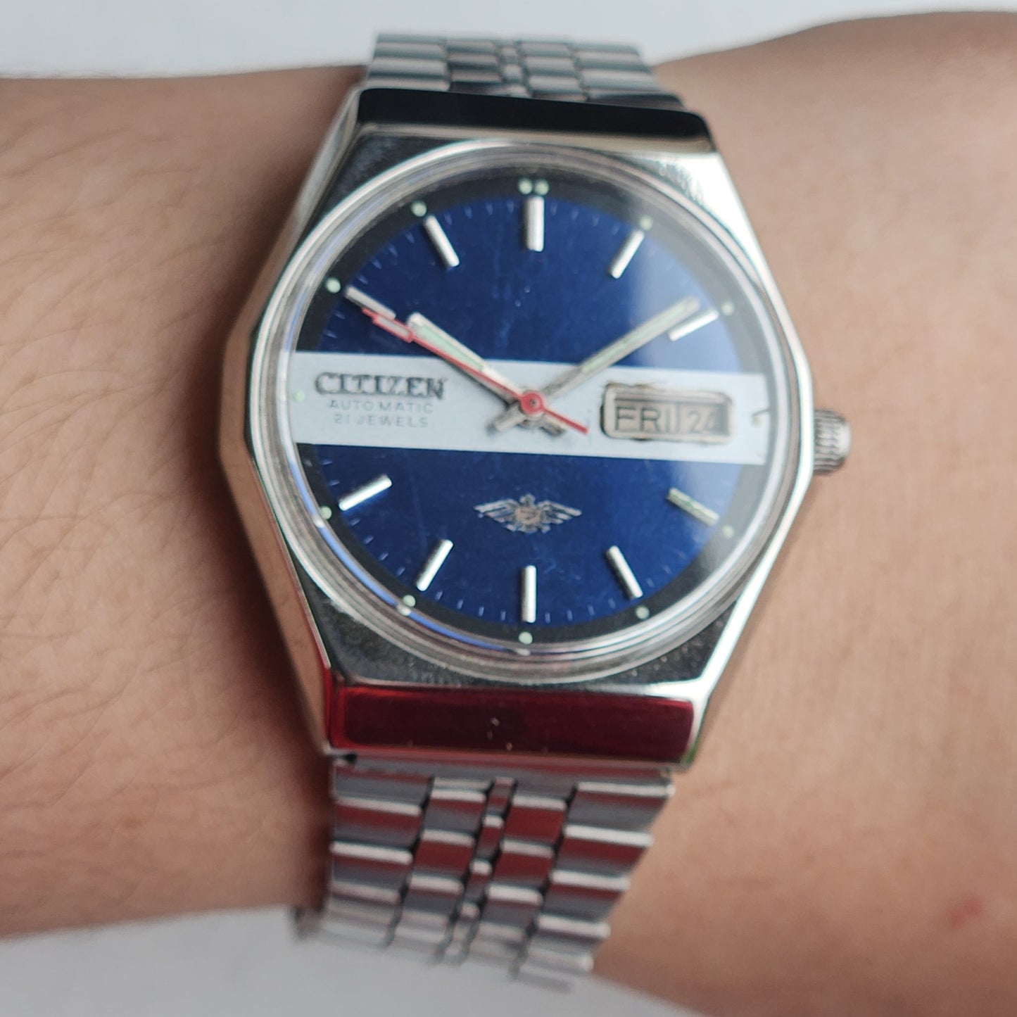 Vintage 1976 Original Citizen Automatic 8200 Blue Face 21 Jewels Day-Date Japanese Men's Wrist Watch EG194