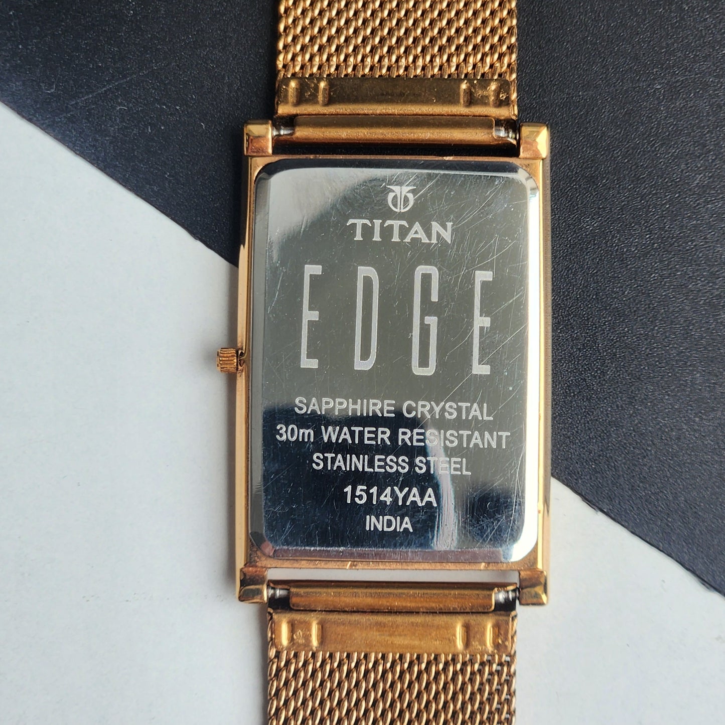 Original TITAN EDGE 1514YAA Rectangular Golden Face 28MM Case Men's Watch H67