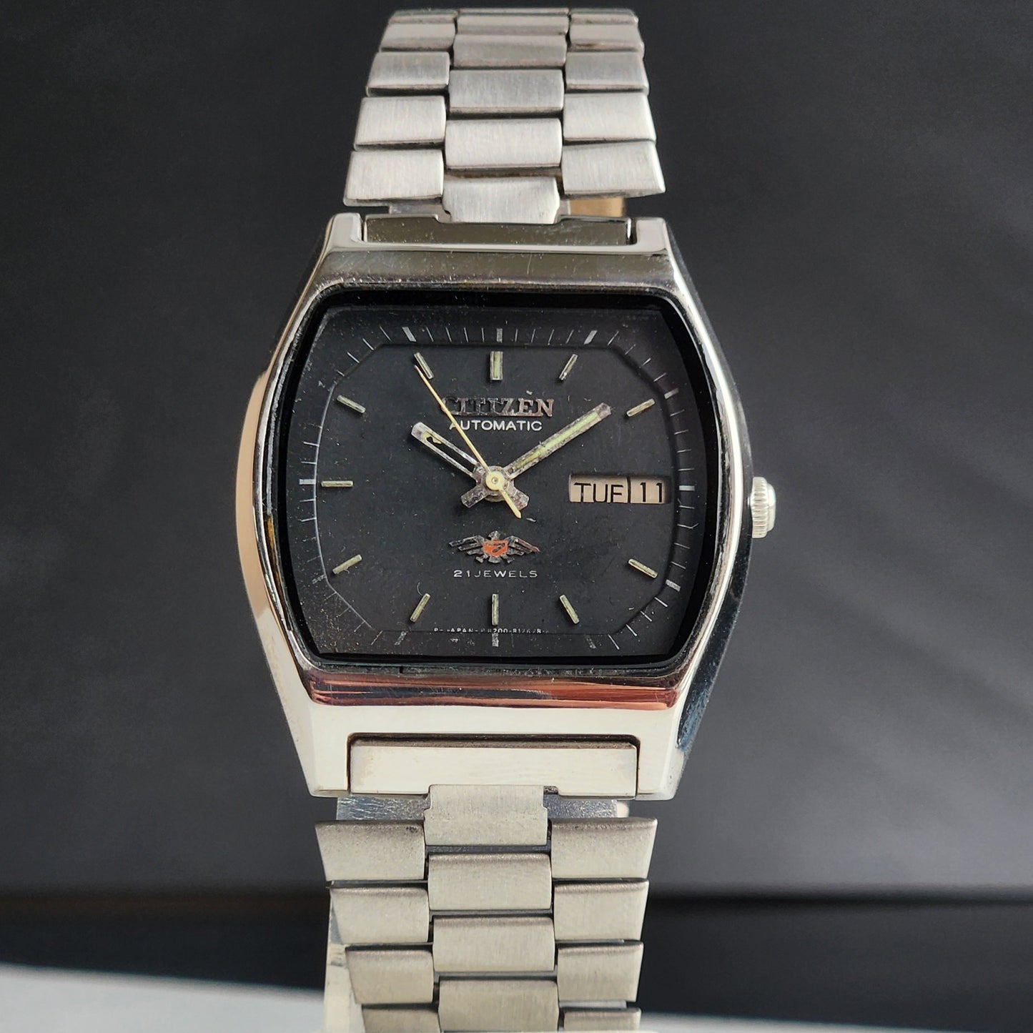 Vintage 1975 Original Citizen Automatic 8200 Black Face 21 Jewels Day-Date Japanese Men's Wrist Watch EA39