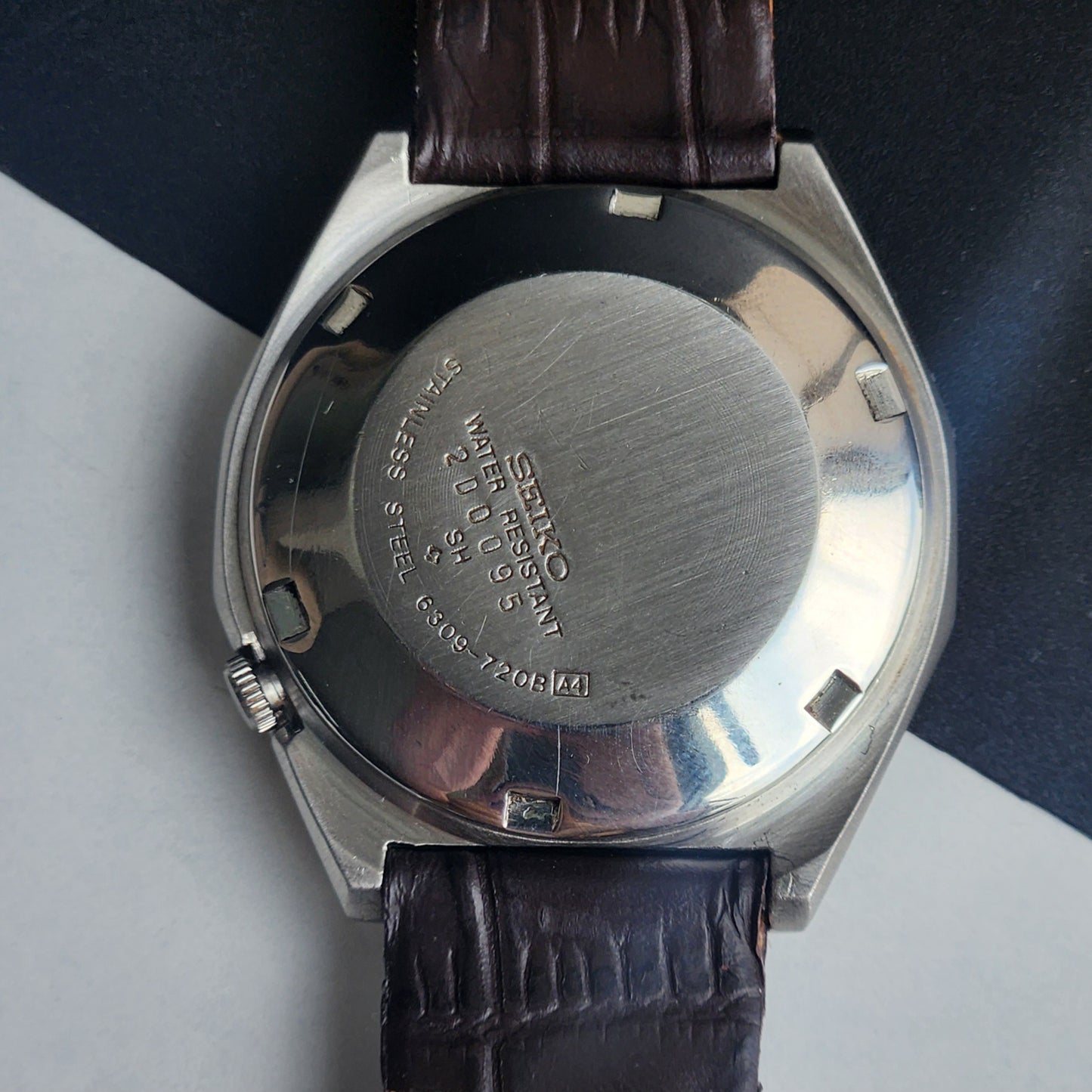 Vintage 1992 Original Seiko 5 Automatic 6309-720B Grey Face 17 Jewels Brown Leather Strap Day-Date Japanese Men's Wrist Watch EG198