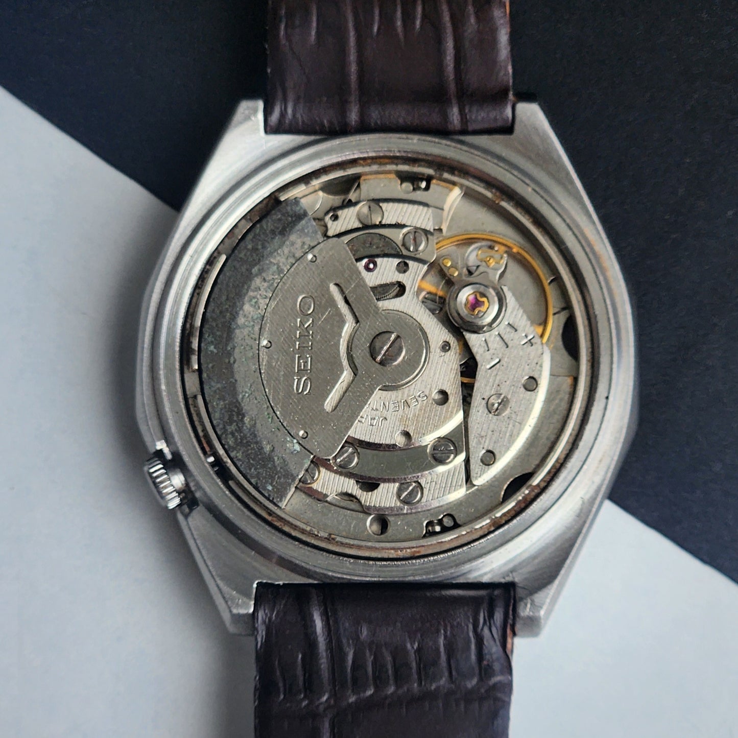 Vintage 1992 Original Seiko 5 Automatic 6309-720B Grey Face 17 Jewels Brown Leather Strap Day-Date Japanese Men's Wrist Watch EG198