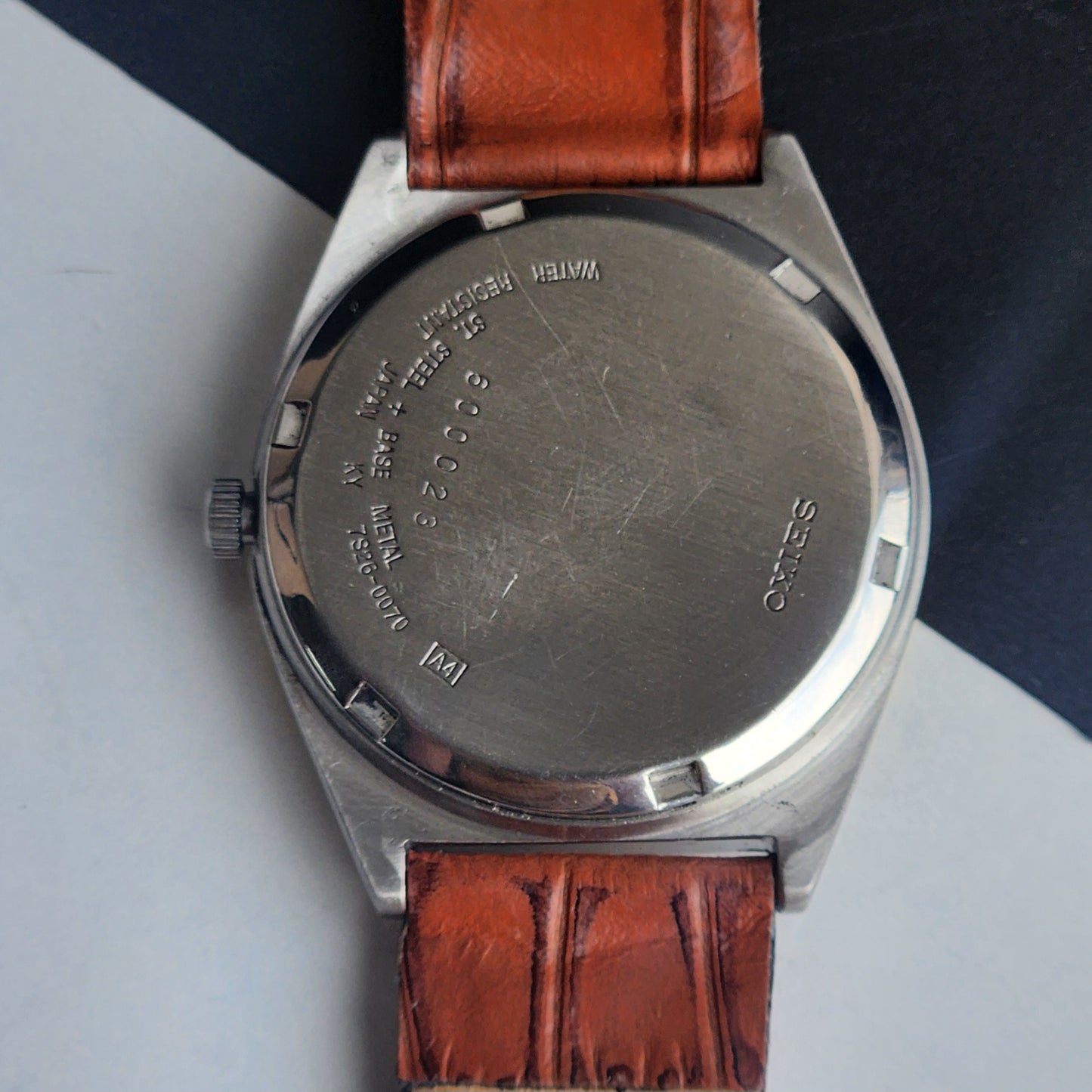 Vintage 1996 Original Seiko 5 Automatic 7S26-0070 White Face 21 Jewels Croco Tan Leather Strap Day-Date Japanese Men's Wrist Watch EG200