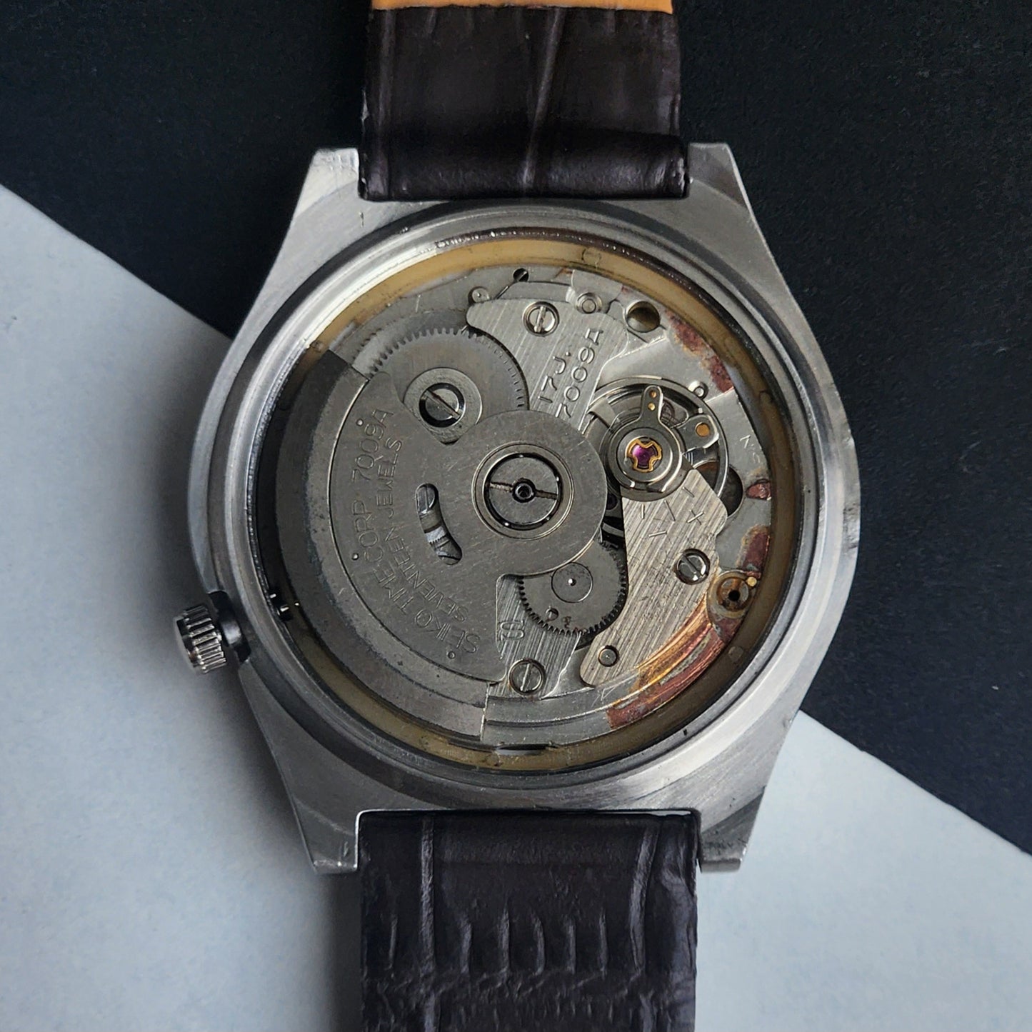 Vintage 1981 Original Seiko 5 Automatic 7009-3171 Golden Face 17 Jewels Brown Leather Strap Day-Date Japanese Men's Wrist Watch EG202