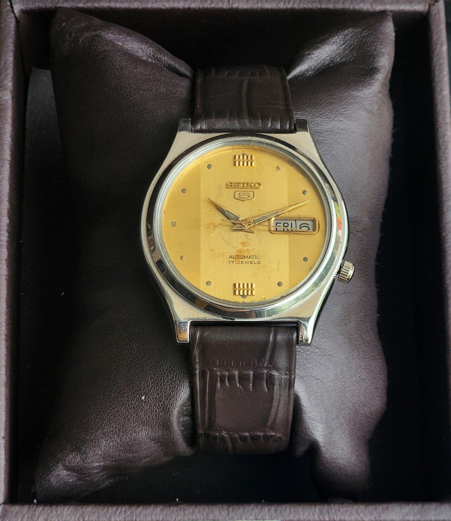 Vintage 1981 Original Seiko 5 Automatic 7009-3171 Golden Face 17 Jewels Brown Leather Strap Day-Date Japanese Men's Wrist Watch EG202