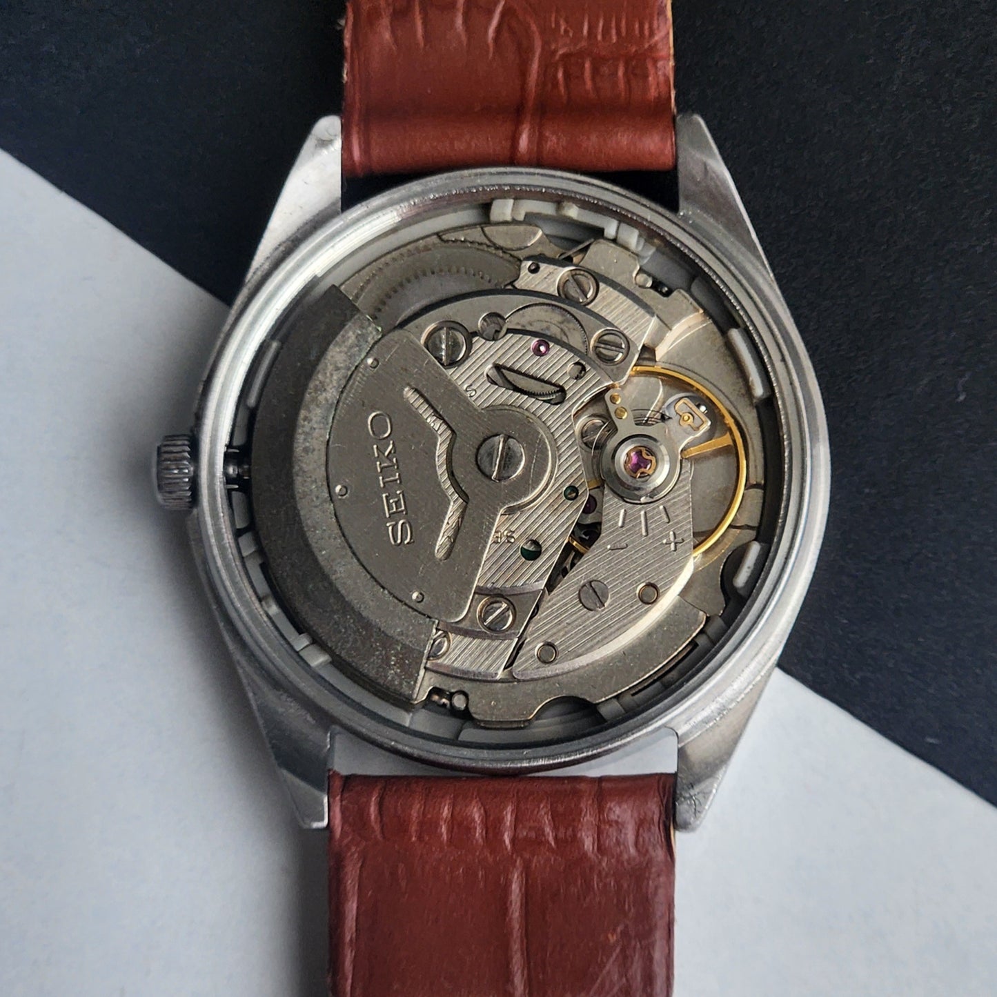 Vintage 1999 Original Seiko 5 Automatic 6309-6240 Grey Face 17 Jewels Tan Leather Strap Day-Date Japanese Men's Wrist Watch EG208