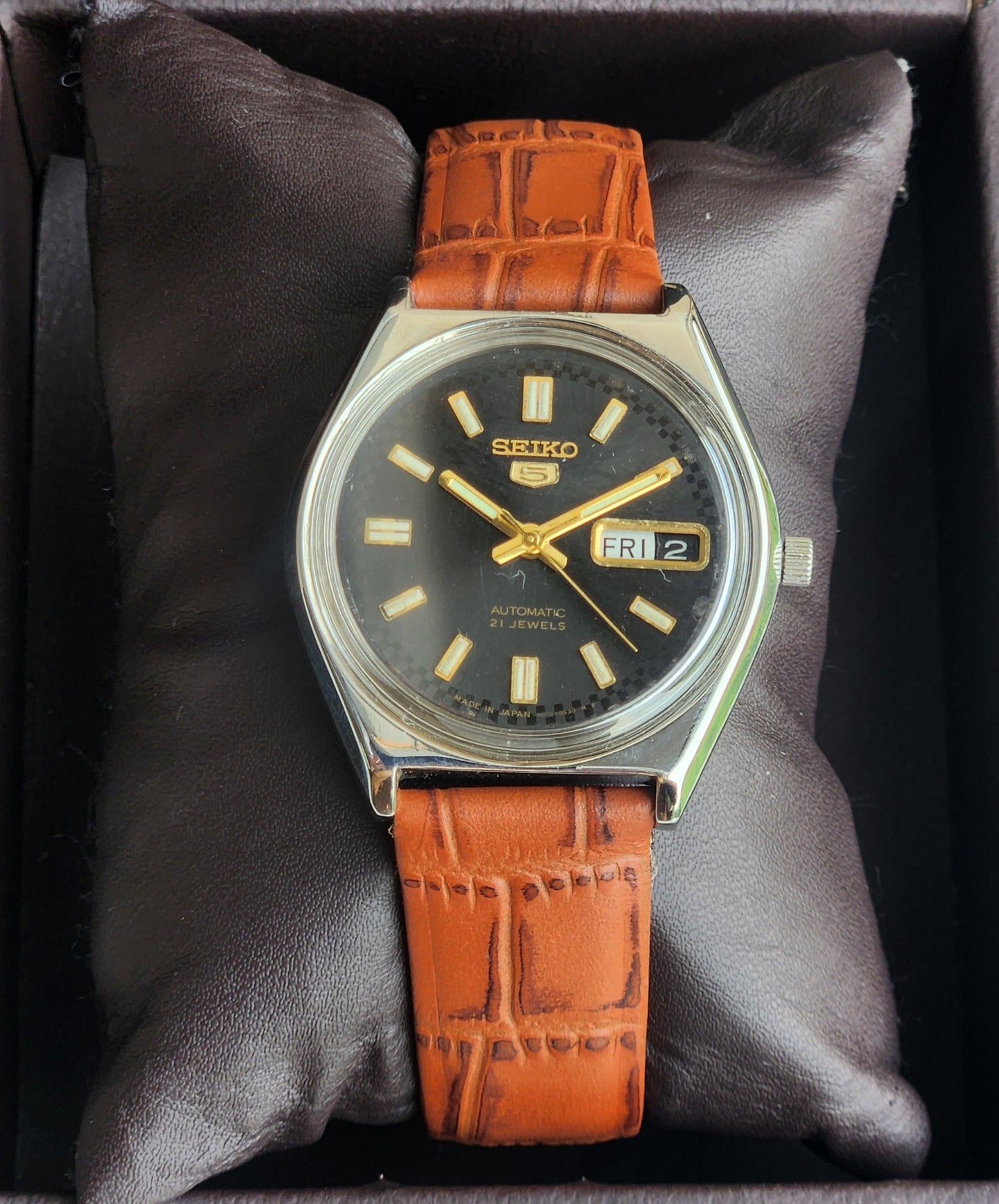 Vintage 1973 Original Seiko 5 Automatic 6119-7103 Black Face 17 Jewels Croco Tan Leather Strap Day-Date Japanese Men's Wrist Watch EG211