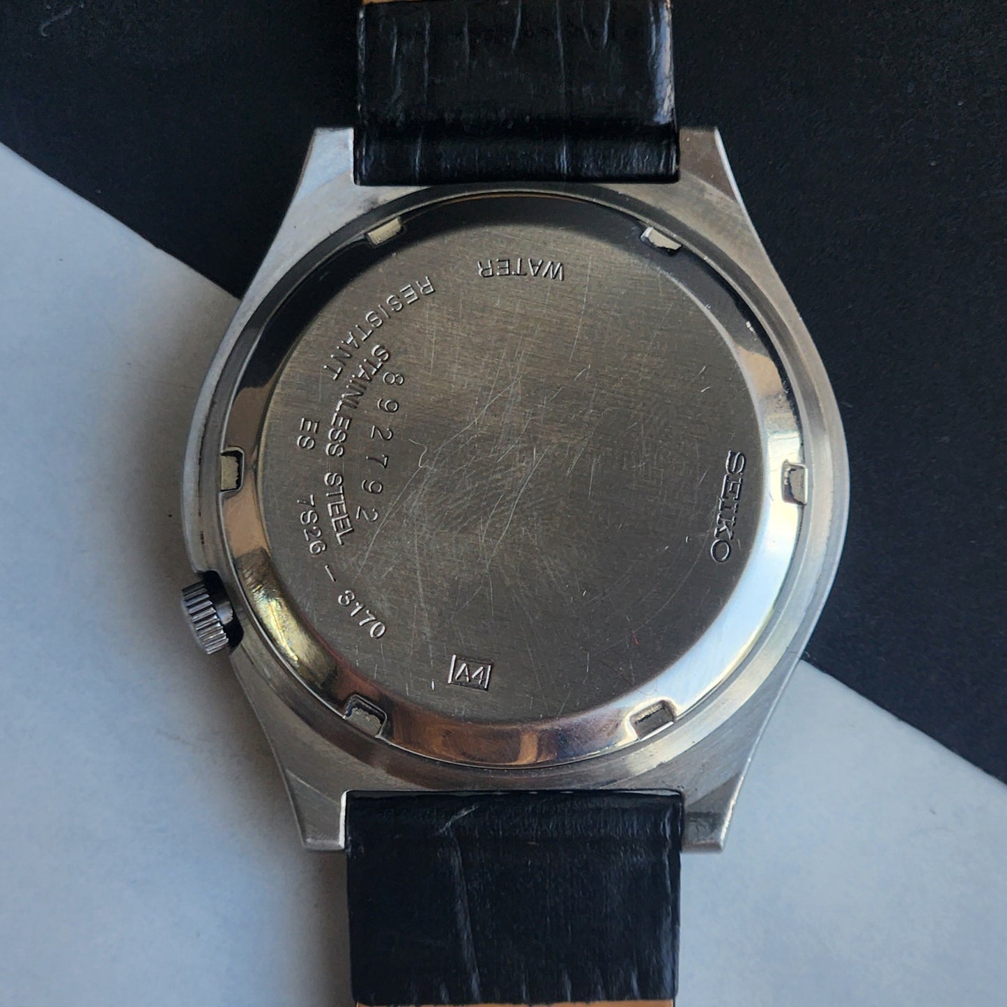 Vintage 1989 Original Seiko 5 Automatic 7S26-3170 Grey Face 17 Jewels Black Leather Strap Day-Date Japanese Men's Wrist Watch EG212