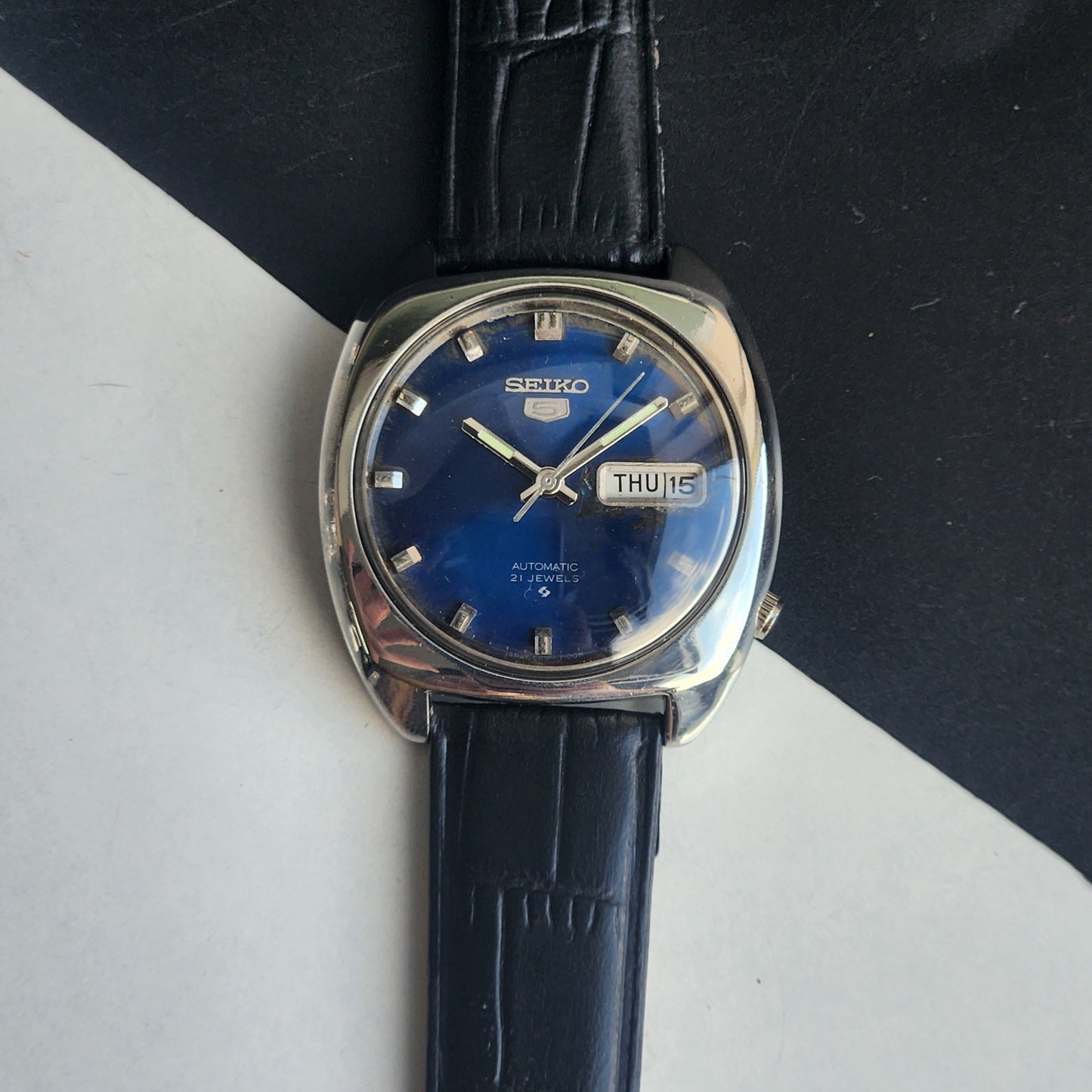 Vintage 1970 Original Seiko 5 Automatic 6119-7103 Blue Face 17 Jewels Black Leather Strap Day-Date Japanese Men's Wrist Watch EG219
