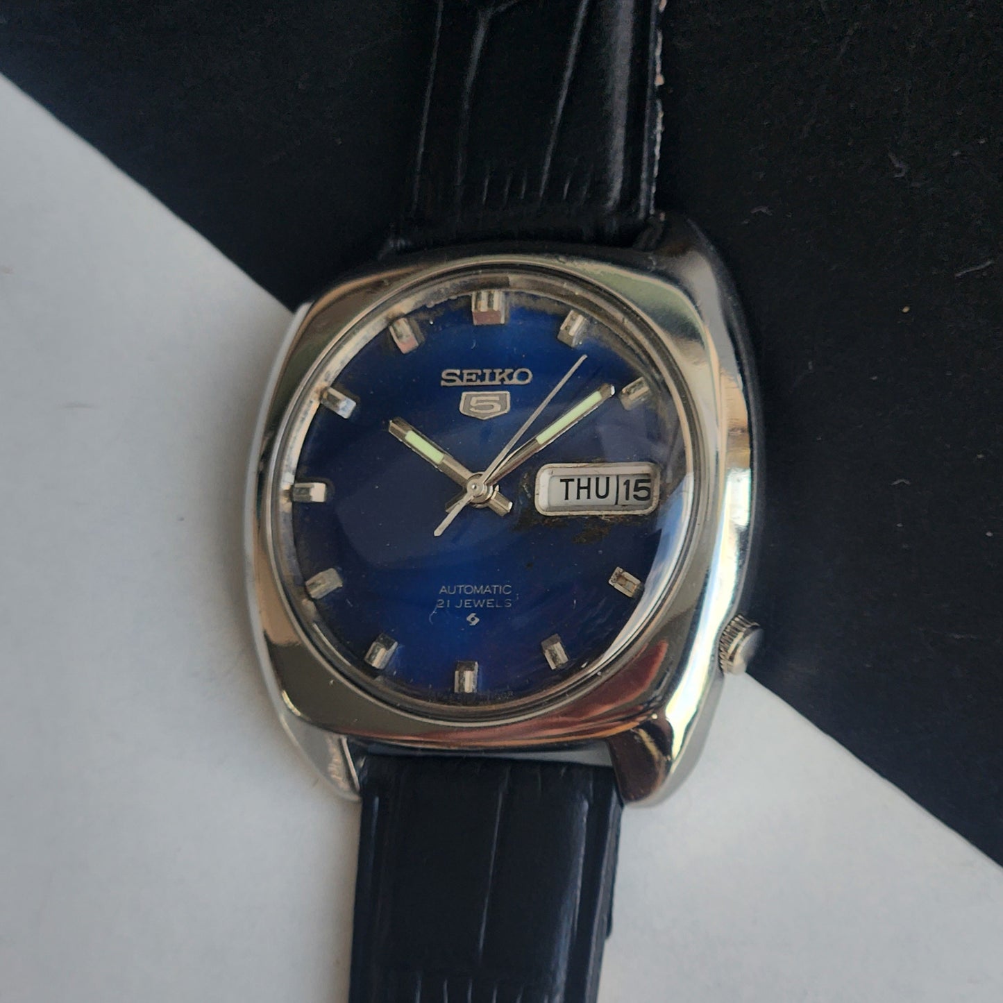 Vintage 1970 Original Seiko 5 Automatic 6119-7103 Blue Face 17 Jewels Black Leather Strap Day-Date Japanese Men's Wrist Watch EG219