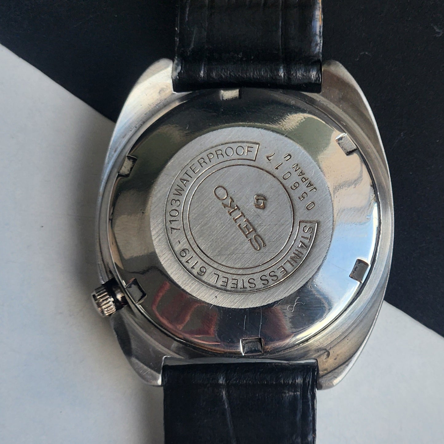 Vintage 1970 Original Seiko 5 Automatic 6119-7103 Blue Face 17 Jewels Black Leather Strap Day-Date Japanese Men's Wrist Watch EG219