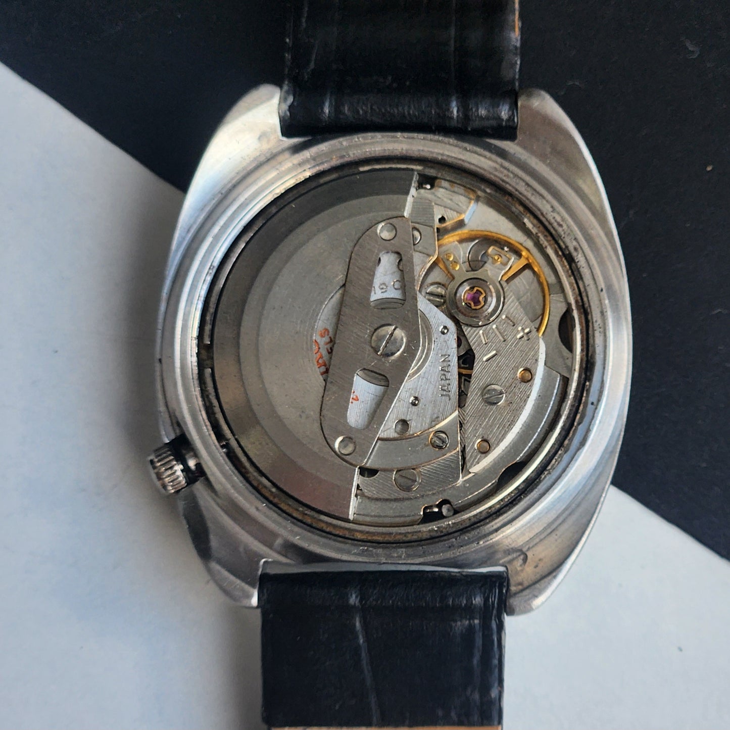 Vintage 1970 Original Seiko 5 Automatic 6119-7103 Blue Face 17 Jewels Black Leather Strap Day-Date Japanese Men's Wrist Watch EG219