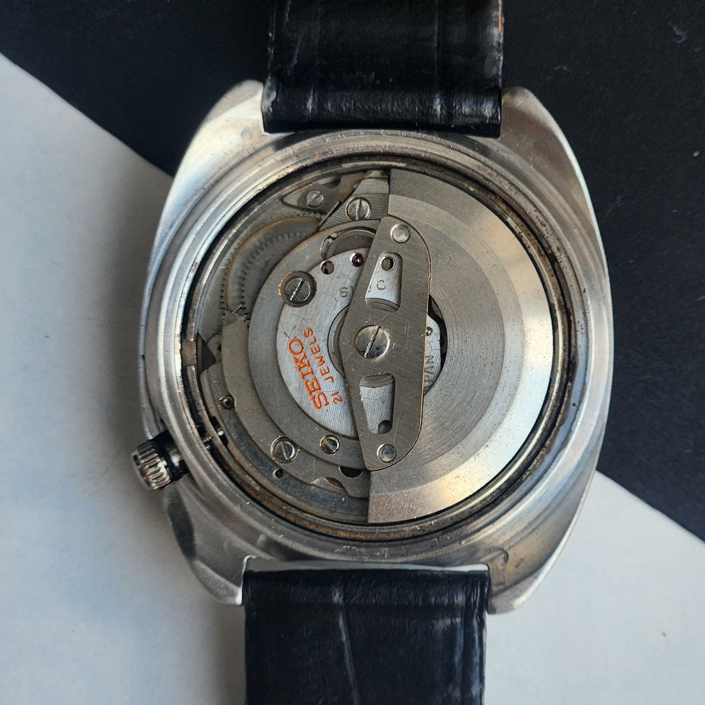 Vintage 1970 Original Seiko 5 Automatic 6119-7103 Blue Face 17 Jewels Black Leather Strap Day-Date Japanese Men's Wrist Watch EG219
