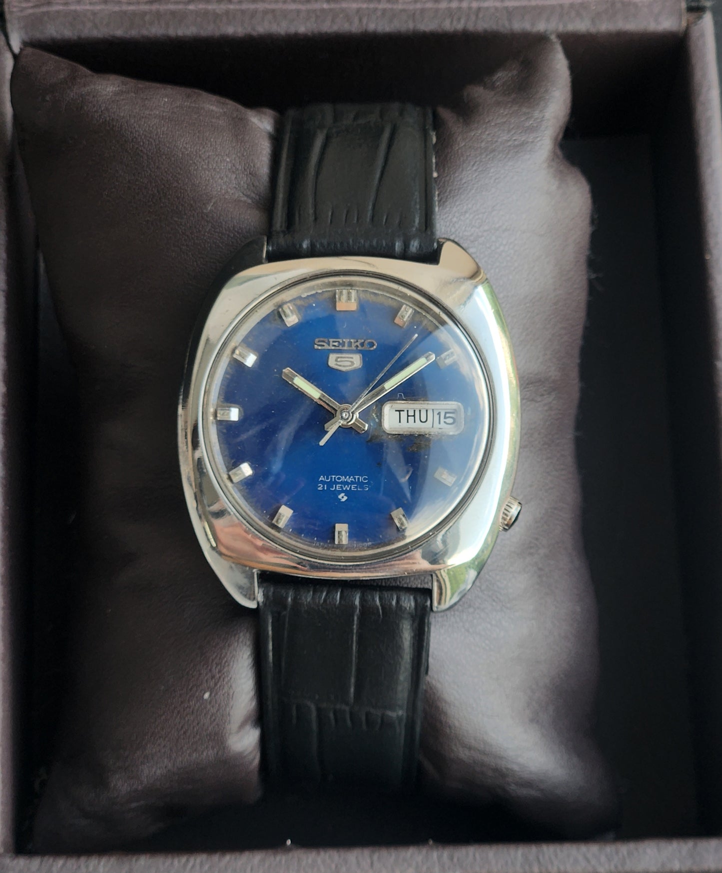 Vintage 1970 Original Seiko 5 Automatic 6119-7103 Blue Face 17 Jewels Black Leather Strap Day-Date Japanese Men's Wrist Watch EG219