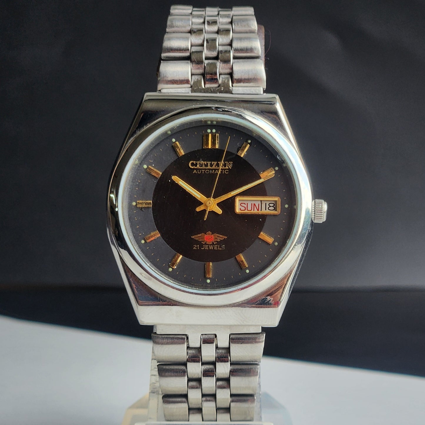 Vintage 1982 Original Citizen Automatic 8200 Black Face 21 Jewels Day-Date Japanese Men's Wrist Watch EA48