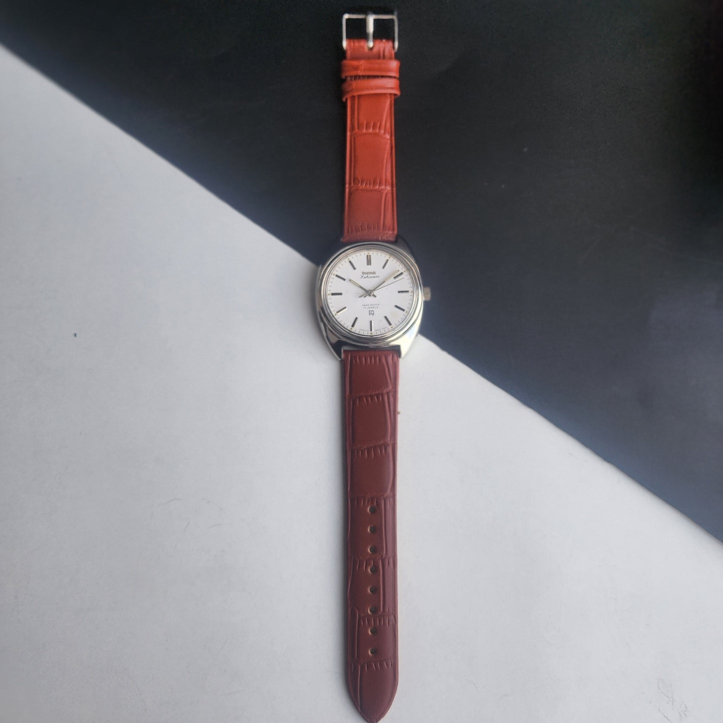 Vintage Original HMT Kohinoor Hand Winding 17 Jewels White Face Tan Leather Strap Men's Wrist Watch I14
