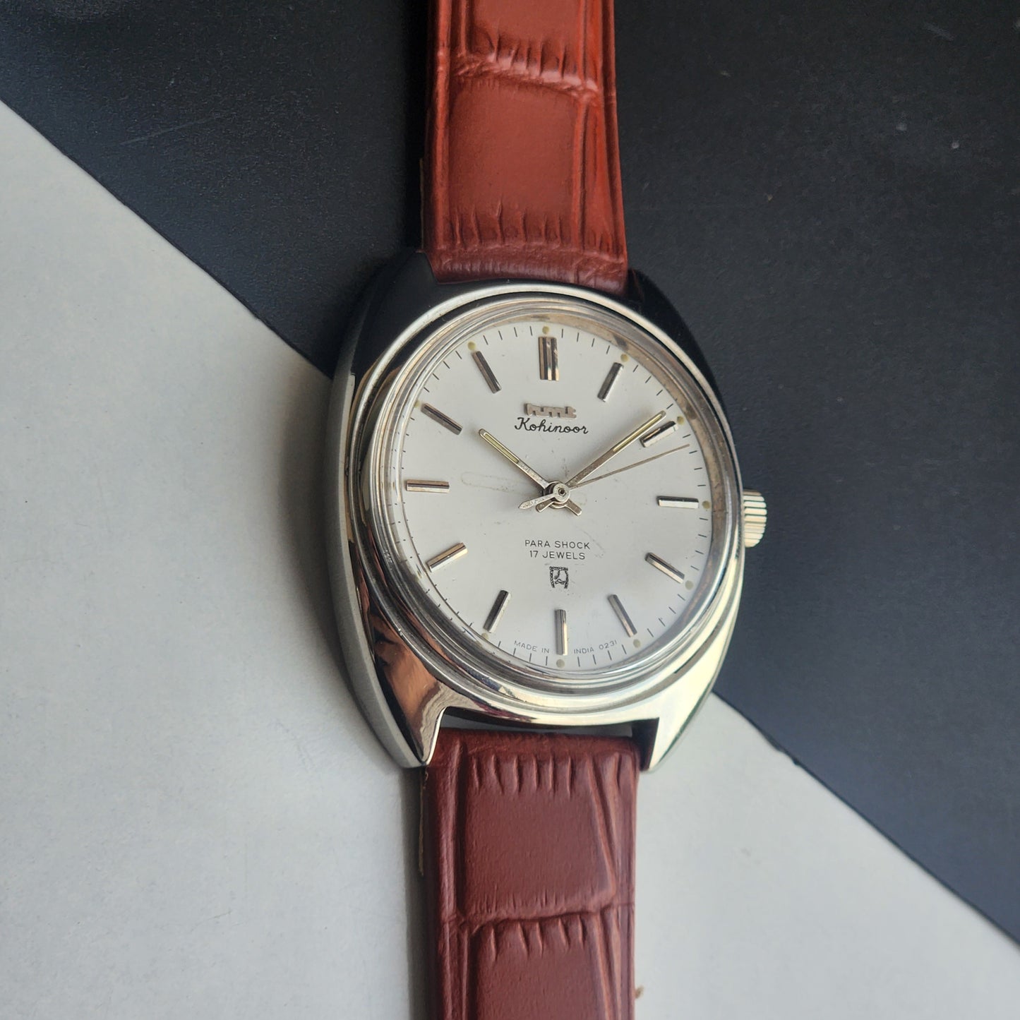 Vintage Original HMT Kohinoor Hand Winding 17 Jewels White Face Tan Leather Strap Men's Wrist Watch I14