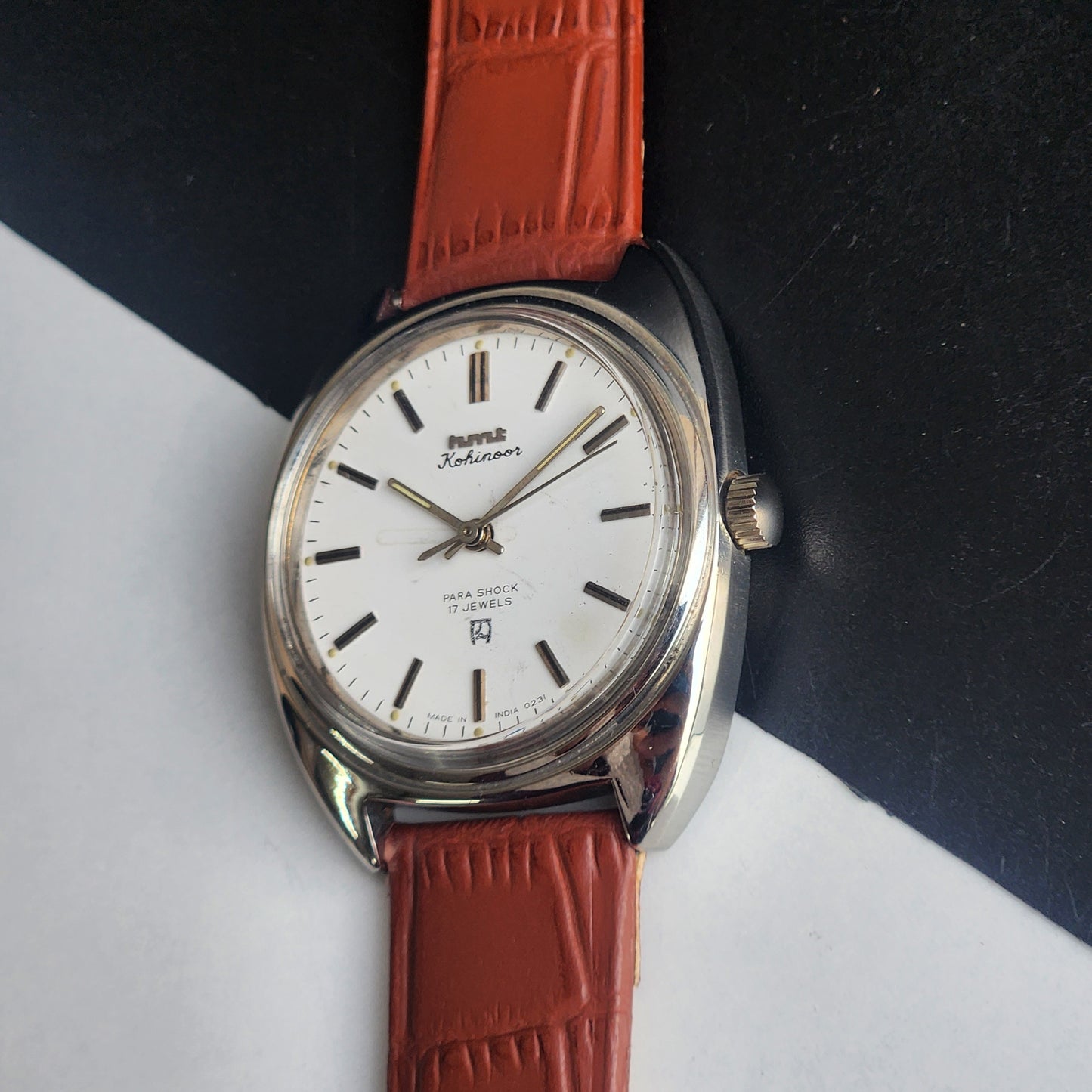 Vintage Original HMT Kohinoor Hand Winding 17 Jewels White Face Tan Leather Strap Men's Wrist Watch I14