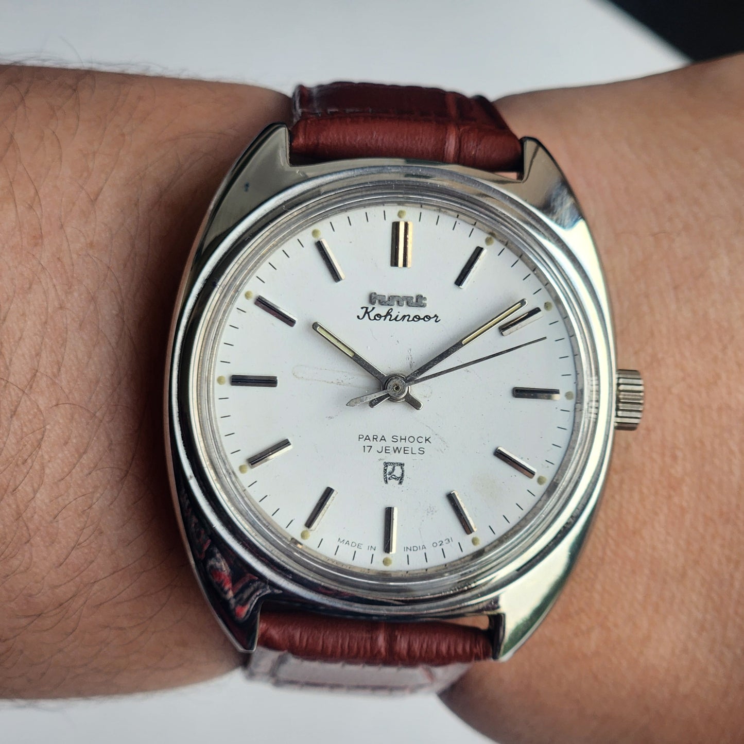 Vintage Original HMT Kohinoor Hand Winding 17 Jewels White Face Tan Leather Strap Men's Wrist Watch I14