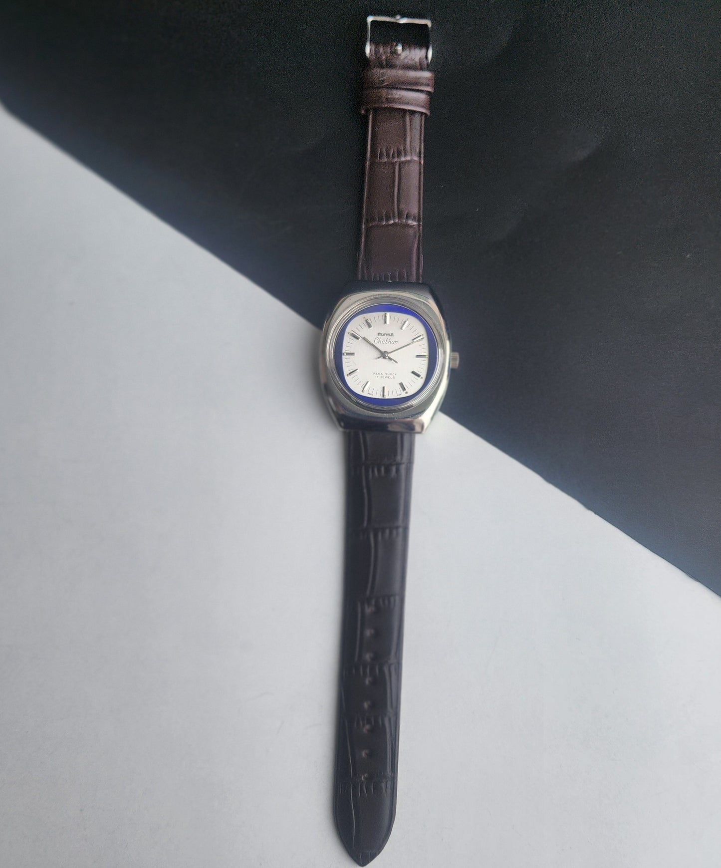 Vintage Original HMT Chethan Hand Winding 17 Jewels Silver Face Brown Leather Strap Men's Wrist Watch I15