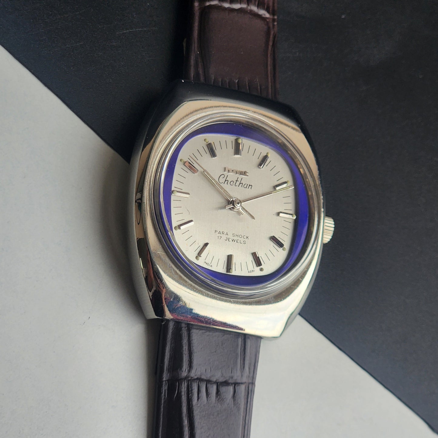 Vintage Original HMT Chethan Hand Winding 17 Jewels Silver Face Brown Leather Strap Men's Wrist Watch I15