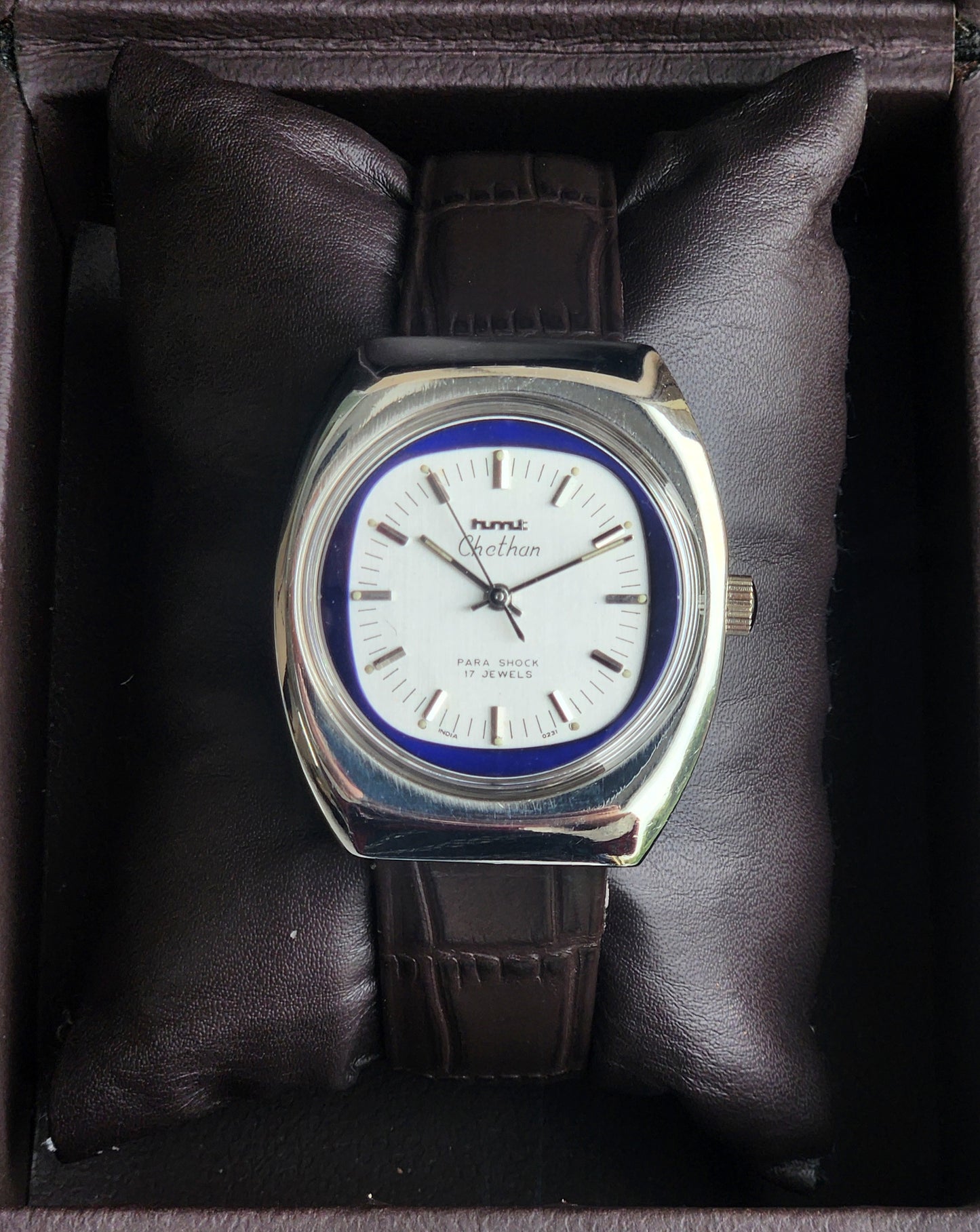 Vintage Original HMT Chethan Hand Winding 17 Jewels Silver Face Brown Leather Strap Men's Wrist Watch I15