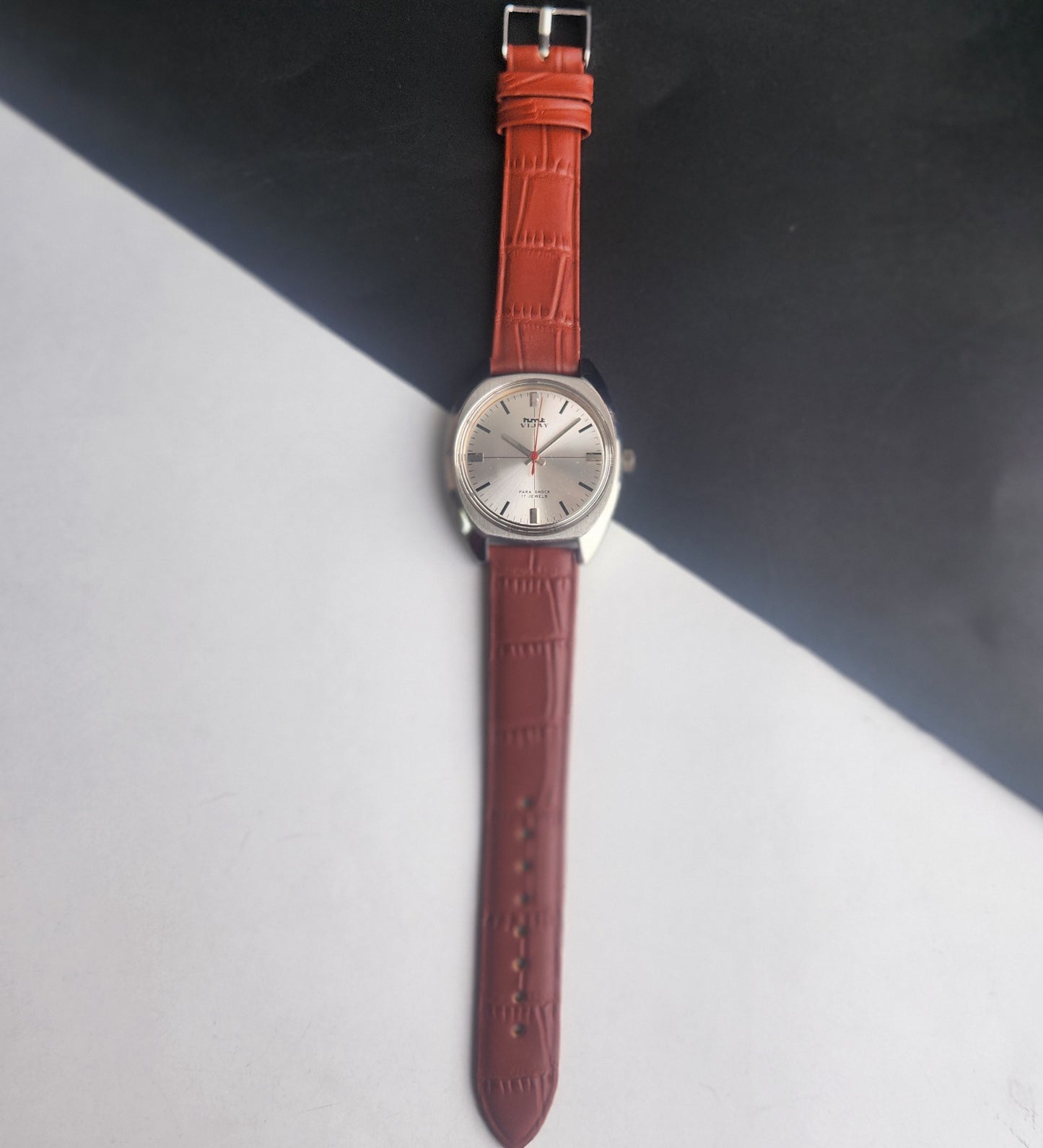Vintage Original HMT Vijay Hand Winding 17 Jewels Silver Face Tan Leather Strap Men's Wrist Watch I16