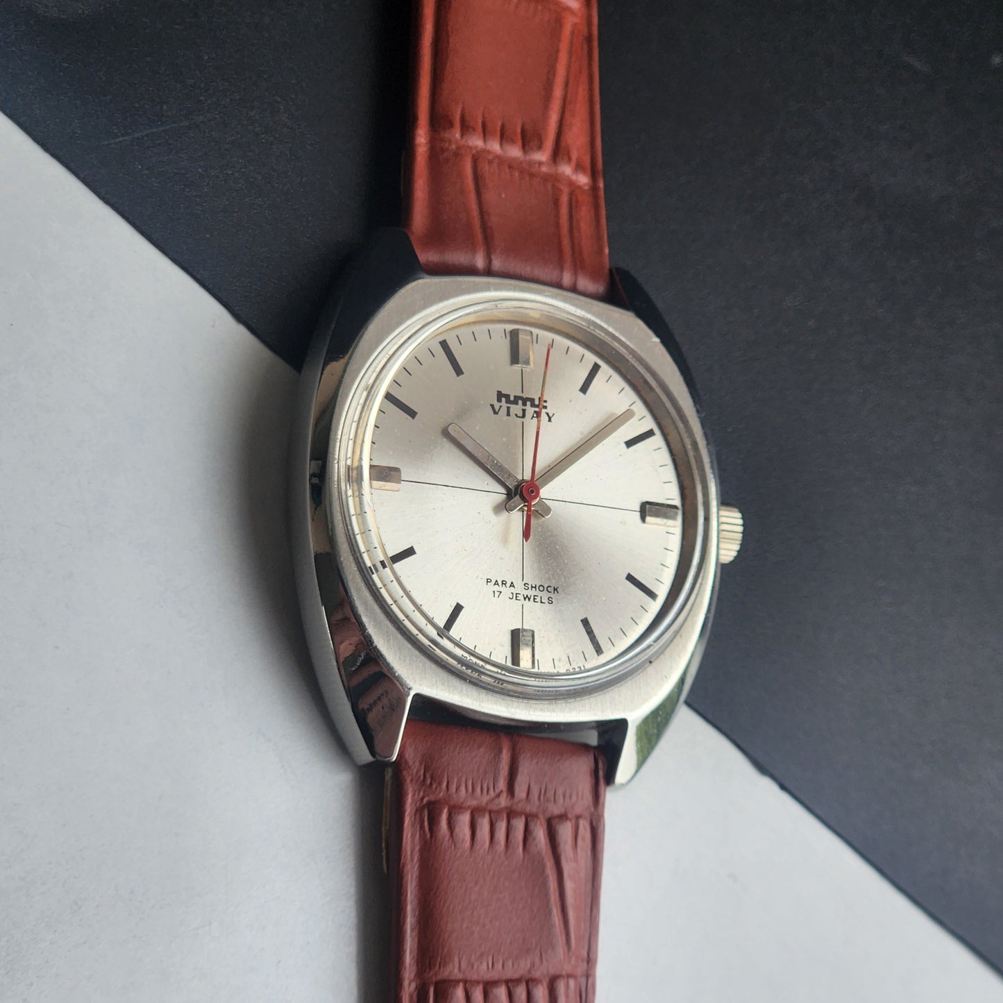 Vintage Original HMT Vijay Hand Winding 17 Jewels Silver Face Tan Leather Strap Men's Wrist Watch I16