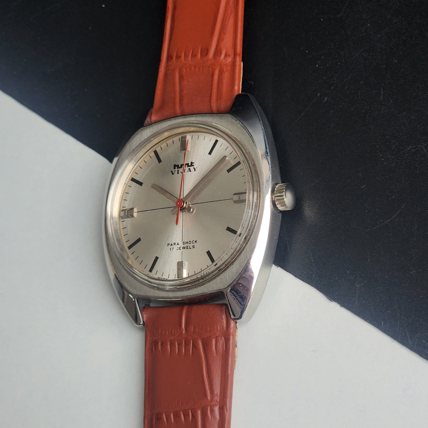 Vintage Original HMT Vijay Hand Winding 17 Jewels Silver Face Tan Leather Strap Men's Wrist Watch I16