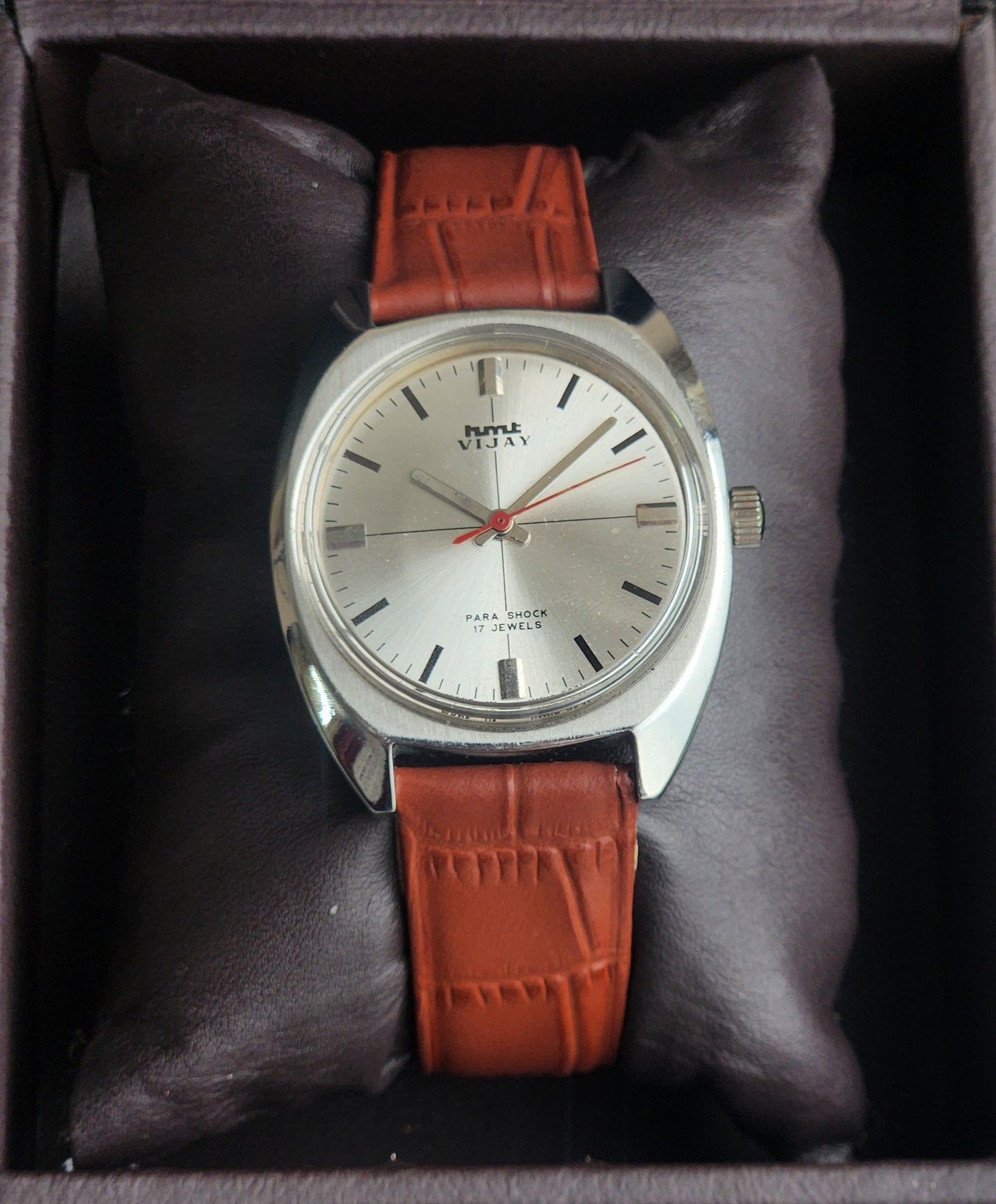 Vintage Original HMT Vijay Hand Winding 17 Jewels Silver Face Tan Leather Strap Men's Wrist Watch I16