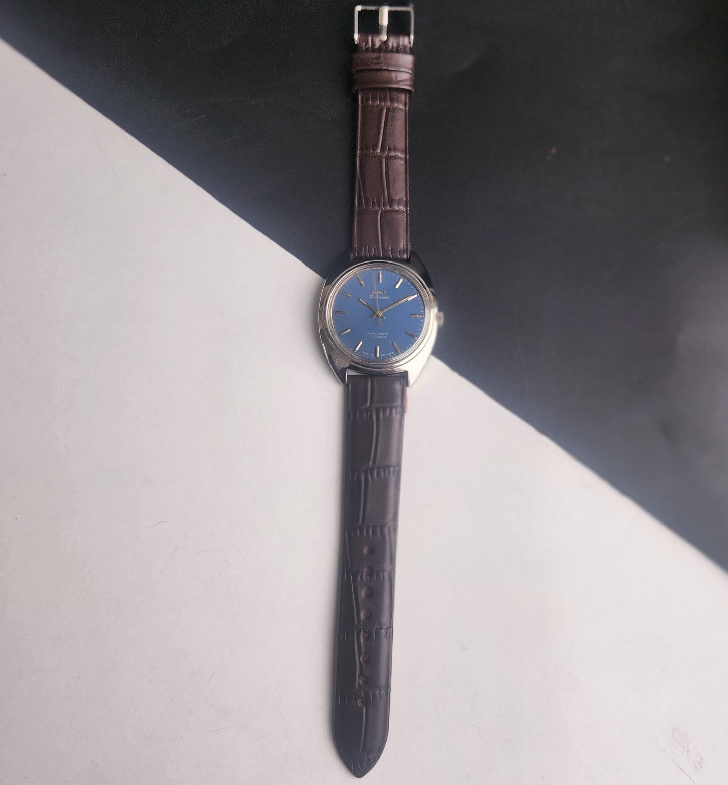 Vintage Original HMT Kohinoor Hand Winding 17 Jewels Blue Face Brown Leather Strap Men's Wrist Watch I17