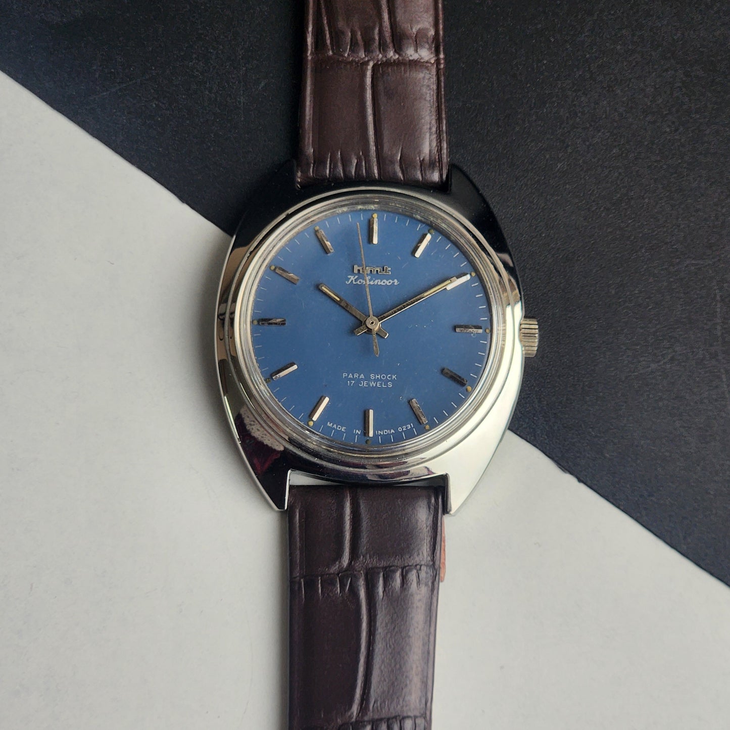 Vintage Original HMT Kohinoor Hand Winding 17 Jewels Blue Face Brown Leather Strap Men's Wrist Watch I17